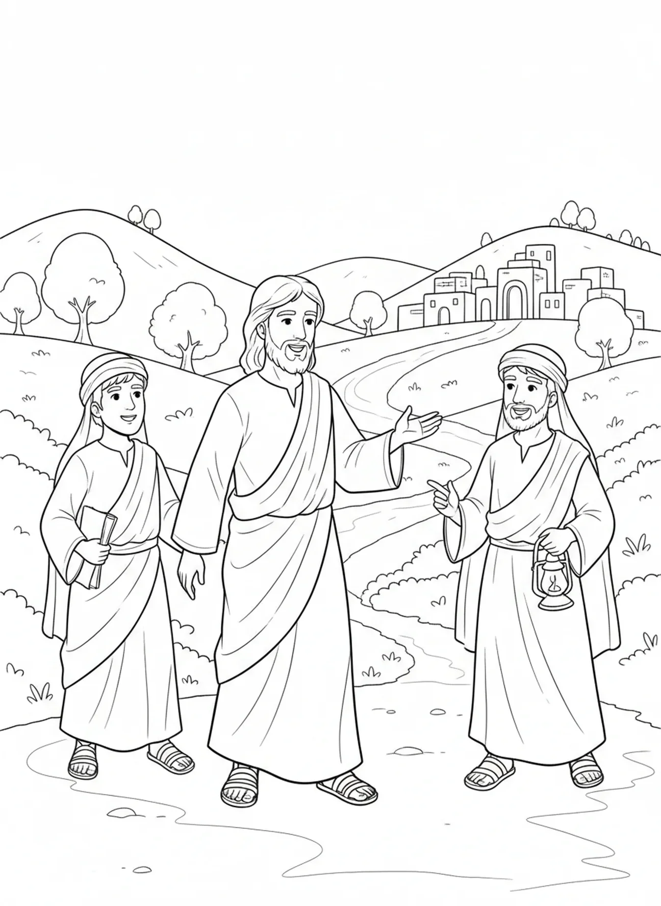 Jesús caminando con sus discípulos, página para colorear de la Resurrección de Jesús para niños de la Escuela Dominical de 5 a 12 años.