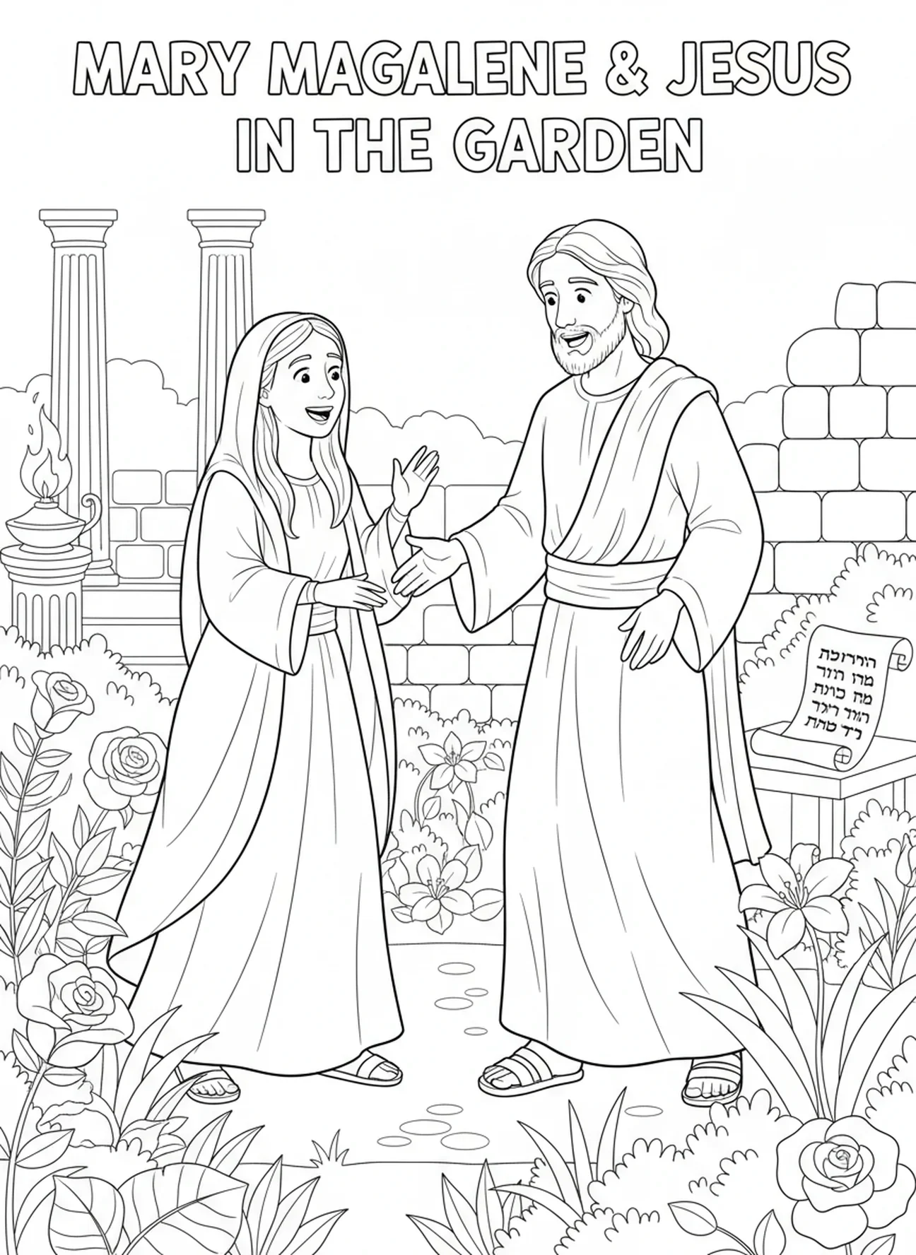 María Magdalena se encuentra con Jesús con alegría, página para colorear de la Resurrección de Jesús para niños de Escuela Dominical de 5 a 12 años.