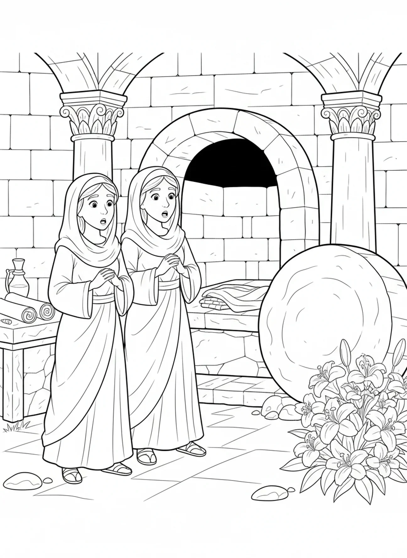 Dos mujeres asombradas en la tumba, página para colorear de la Resurrección de Jesús para niños de Escuela Dominical de 5 a 12 años.