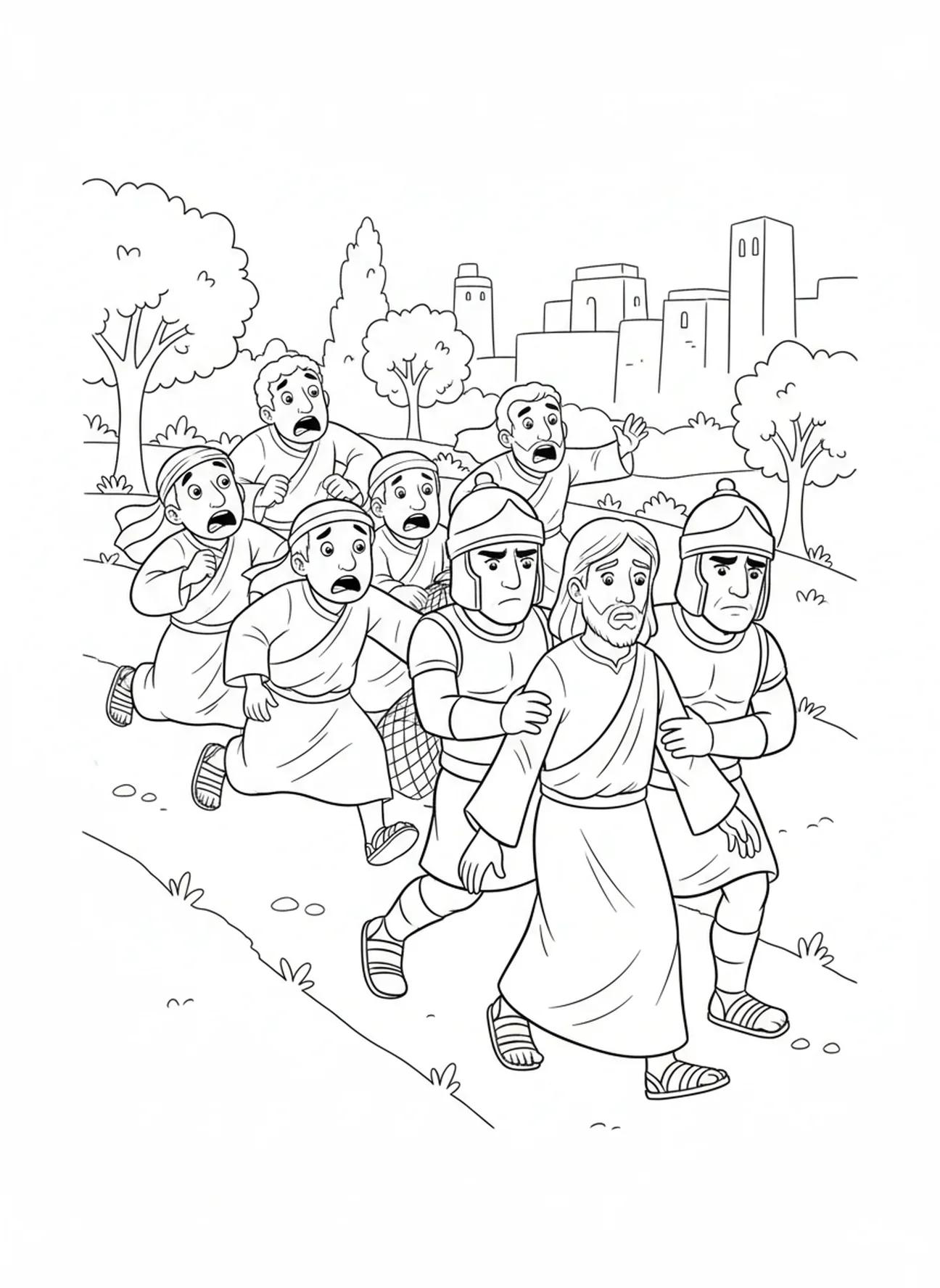 Desdiscipulos fugindo, página para colorir sobre a traição de Judas para crianças de 5 a 10 anos.