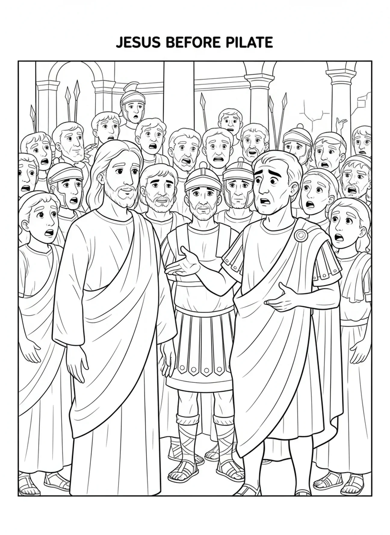 Jesus diante de Pôncio Pilatos, página para colorir sobre a traição de Judas para crianças de 5 a 10 anos.