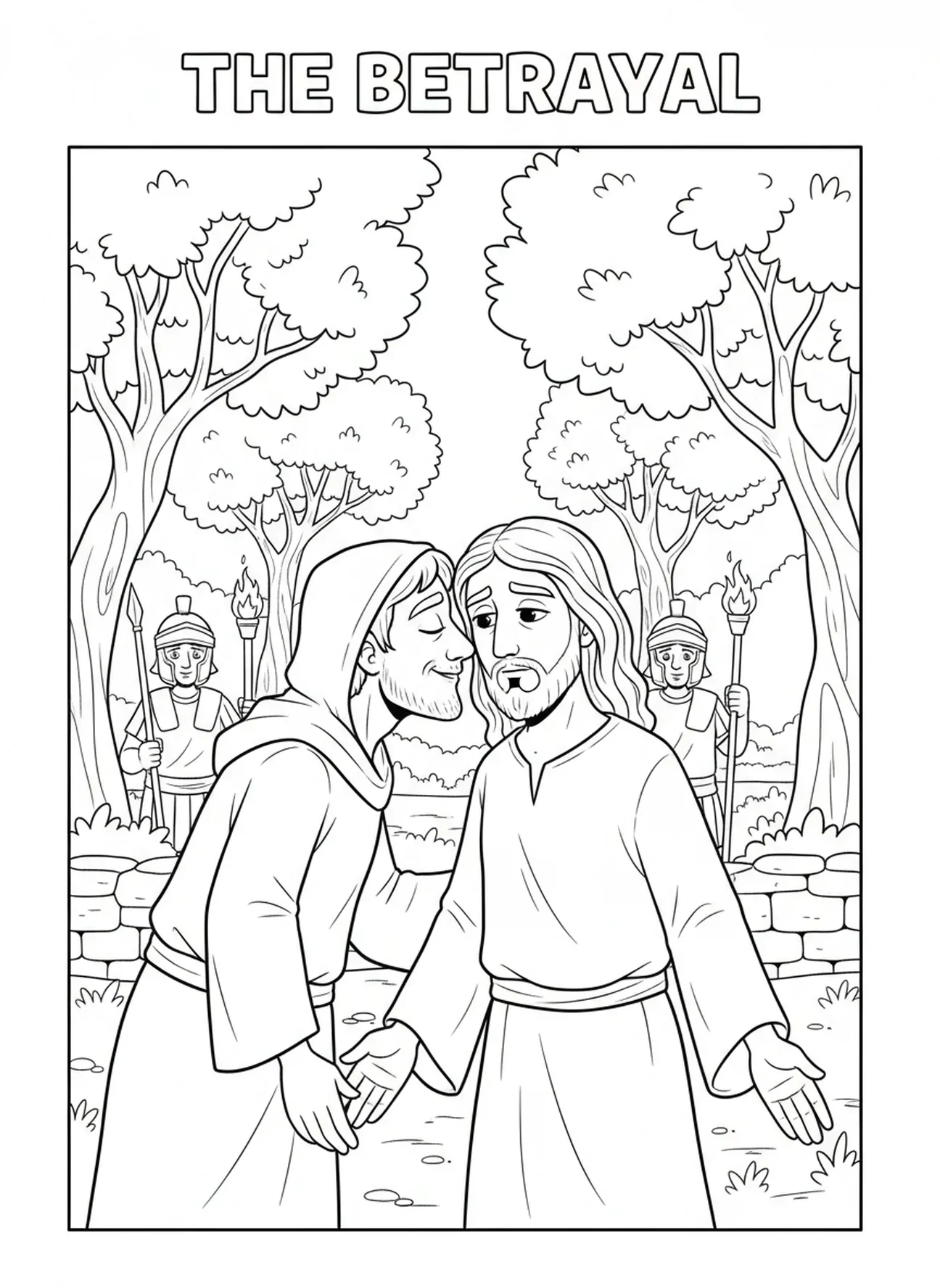 Judas beijando Jesus, página para colorir sobre a traição de Judas para crianças de 5 a 10 anos.