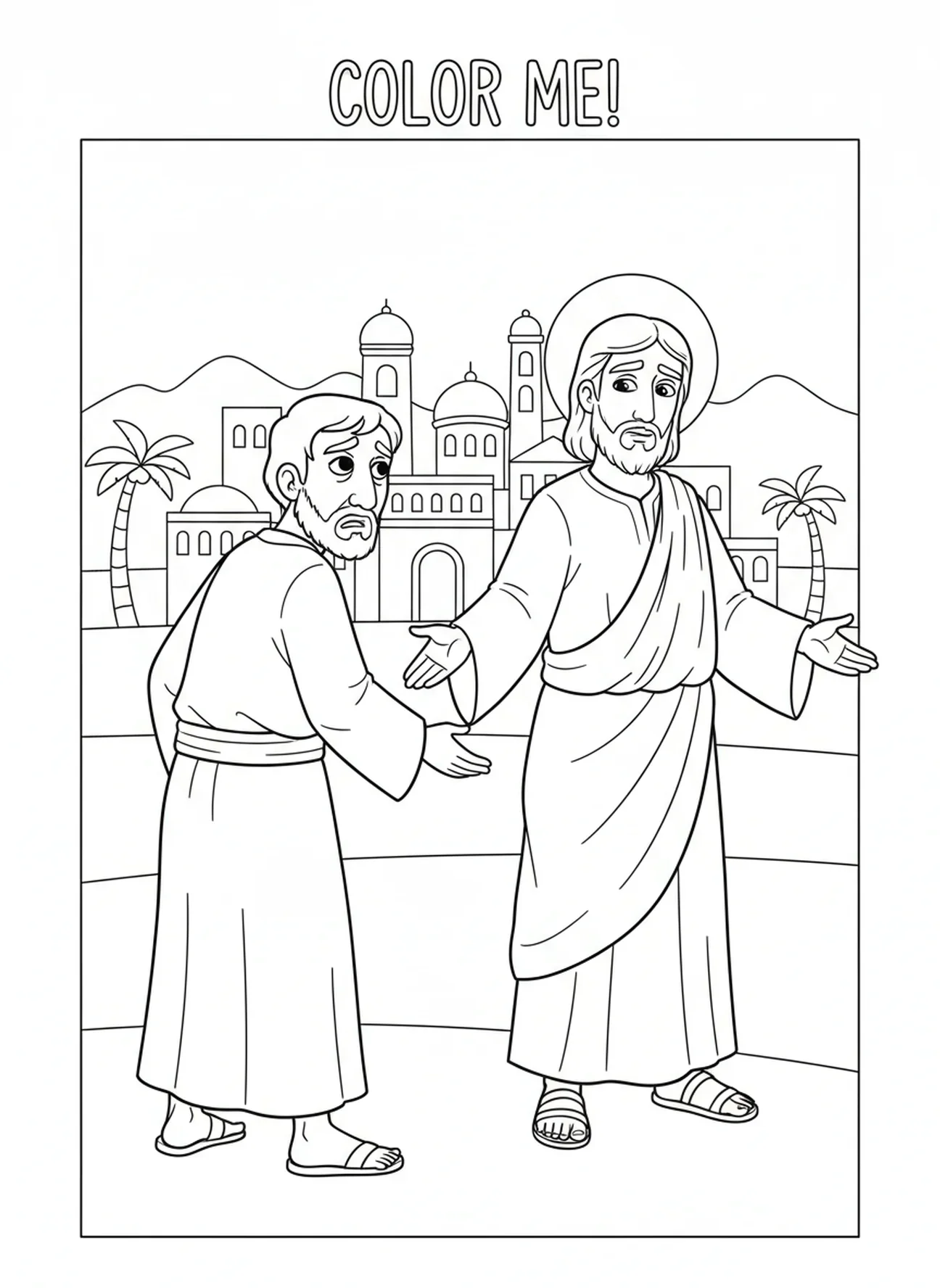 Judas se afastando de Jesus, página de colorir sobre a traição de Judas para crianças de 5 a 10 anos.
