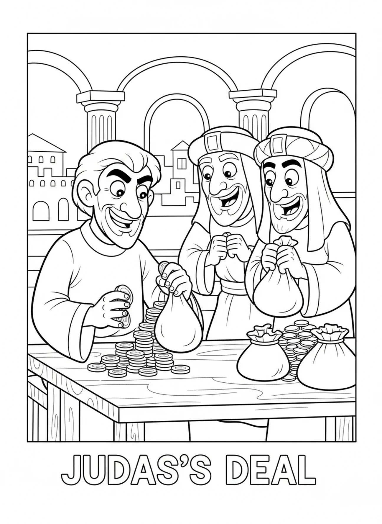 Judas recebendo moedas de prata, página para colorir sobre a traição de Judas para crianças de 5 a 10 anos.