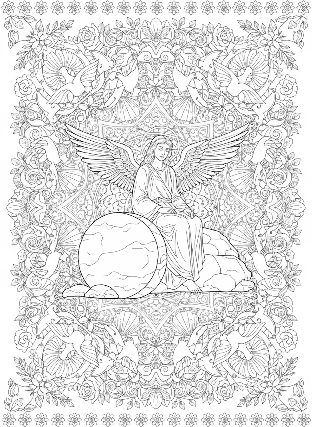 Ange assis sur la pierre, page à colorier Noli Me Tangere pour adultes dans le style du journal biblique
