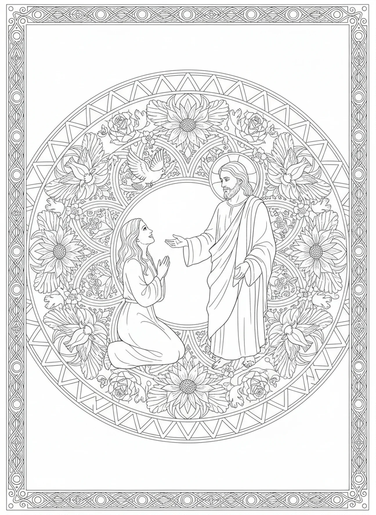 Jésus commissionnant Marie, page à colorier Noli Me Tangere pour adultes dans un style de journal biblique