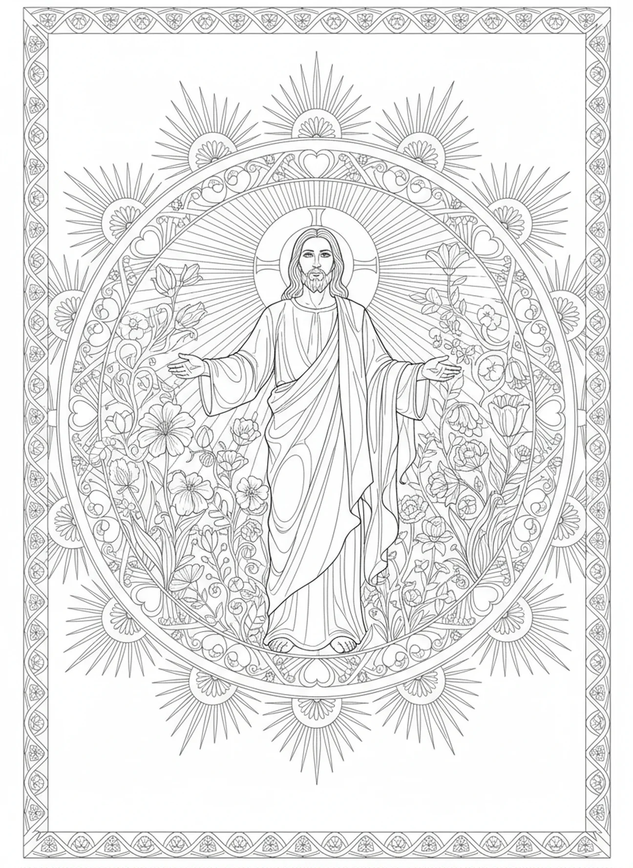 Jésus les bras ouverts, page à colorier Noli Me Tangere pour adultes dans un style de journal biblique