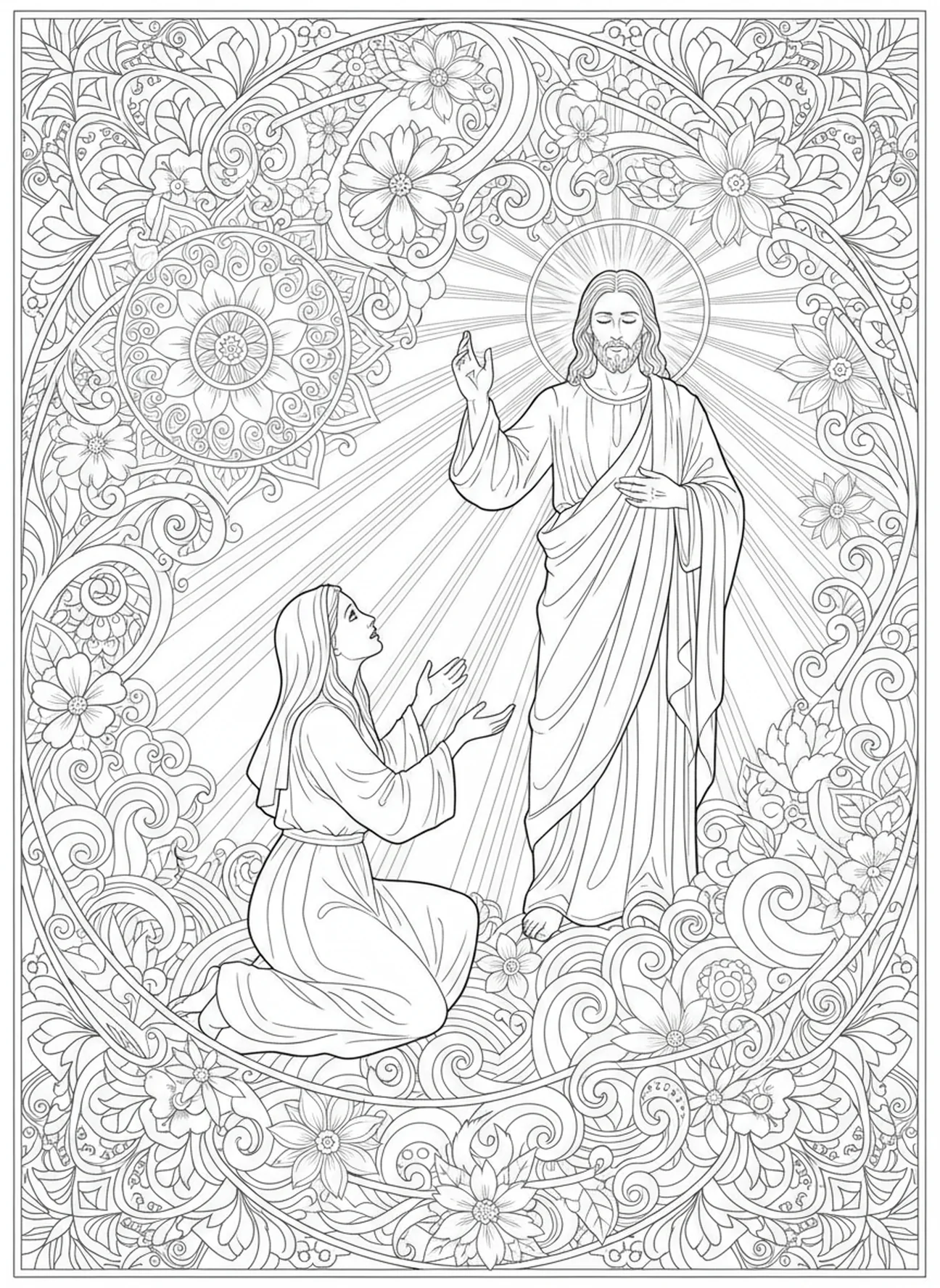 Marie écoutant Jésus, page à colorier Noli Me Tangere pour adultes dans un style de journal biblique