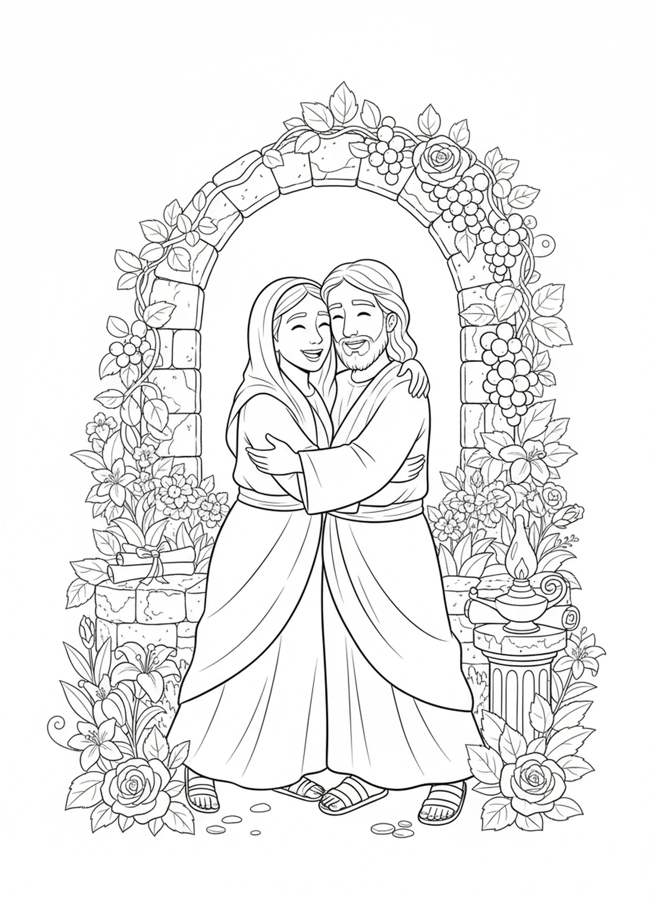 Marie étreignant Jésus, page à colorier Noli Me Tangere pour les enfants de l'École du dimanche âgés de 5 à 12 ans.