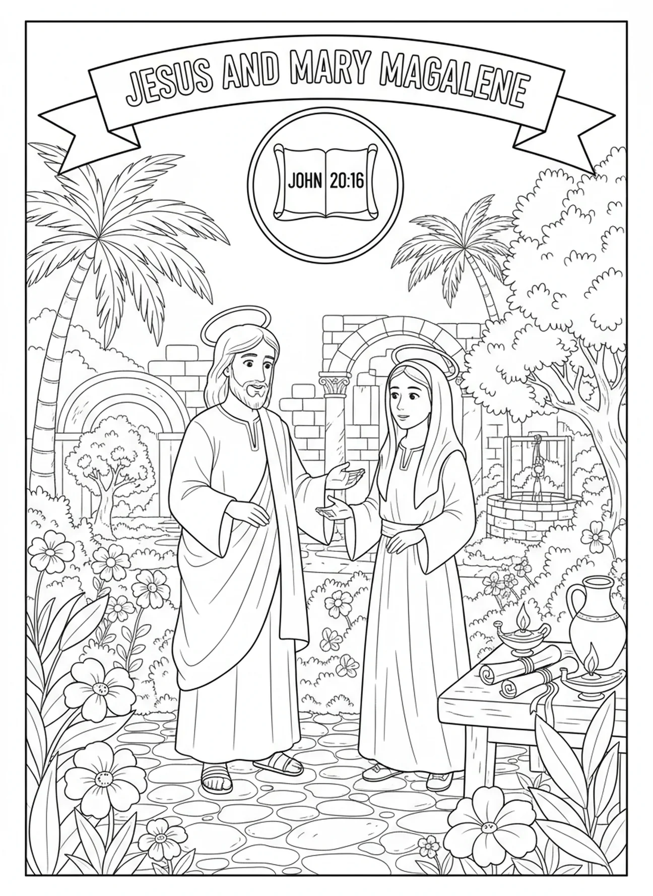 Jésus parlant à Marie Madeleine, page à colorier Noli Me Tangere pour les enfants de l'École du dimanche âgés de 5 à 12 ans.
