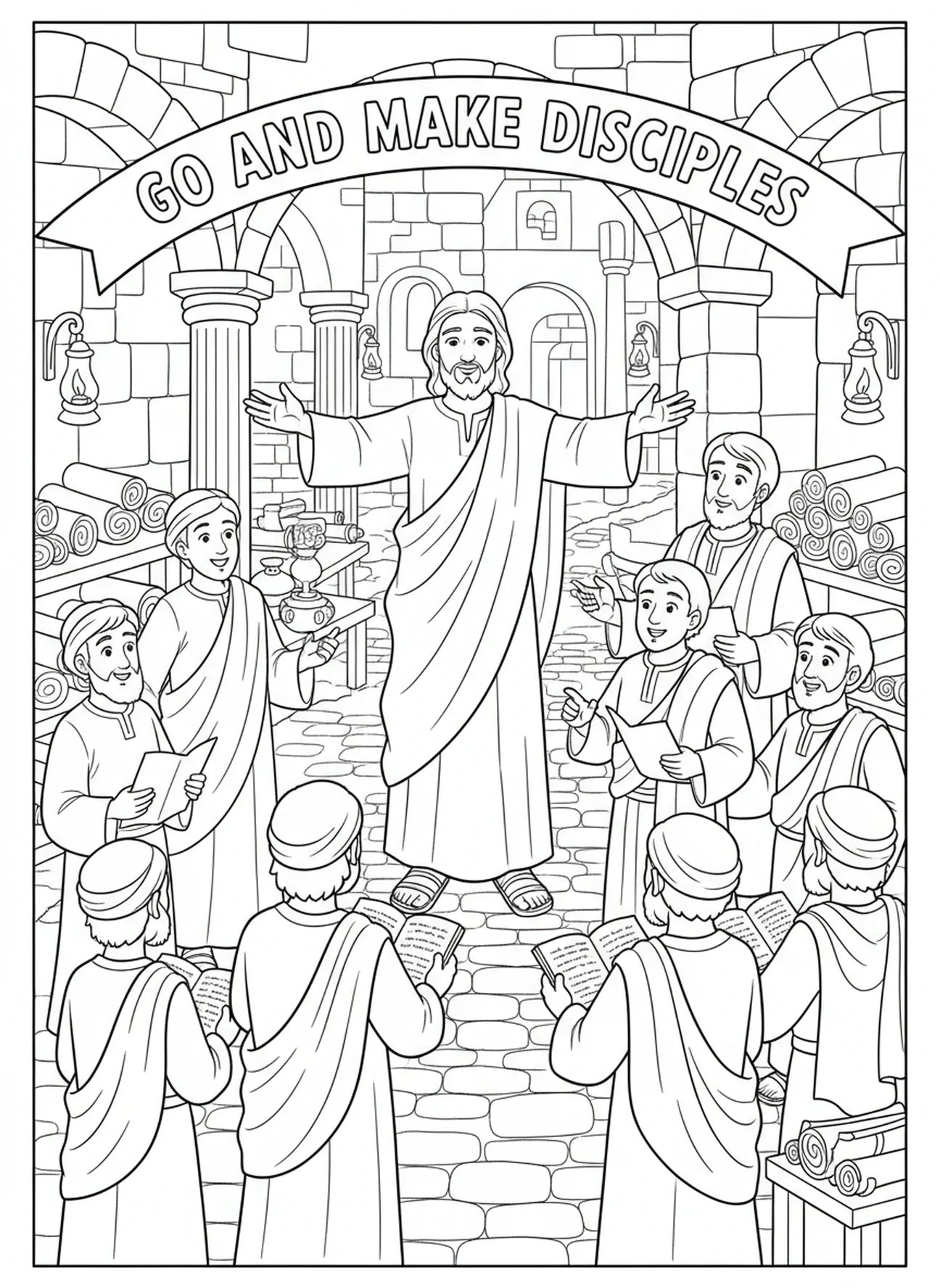 Jésus commissionne ses disciples, page à colorier Noli Me Tangere pour les enfants de l'École du dimanche âgés de 5 à 12 ans.