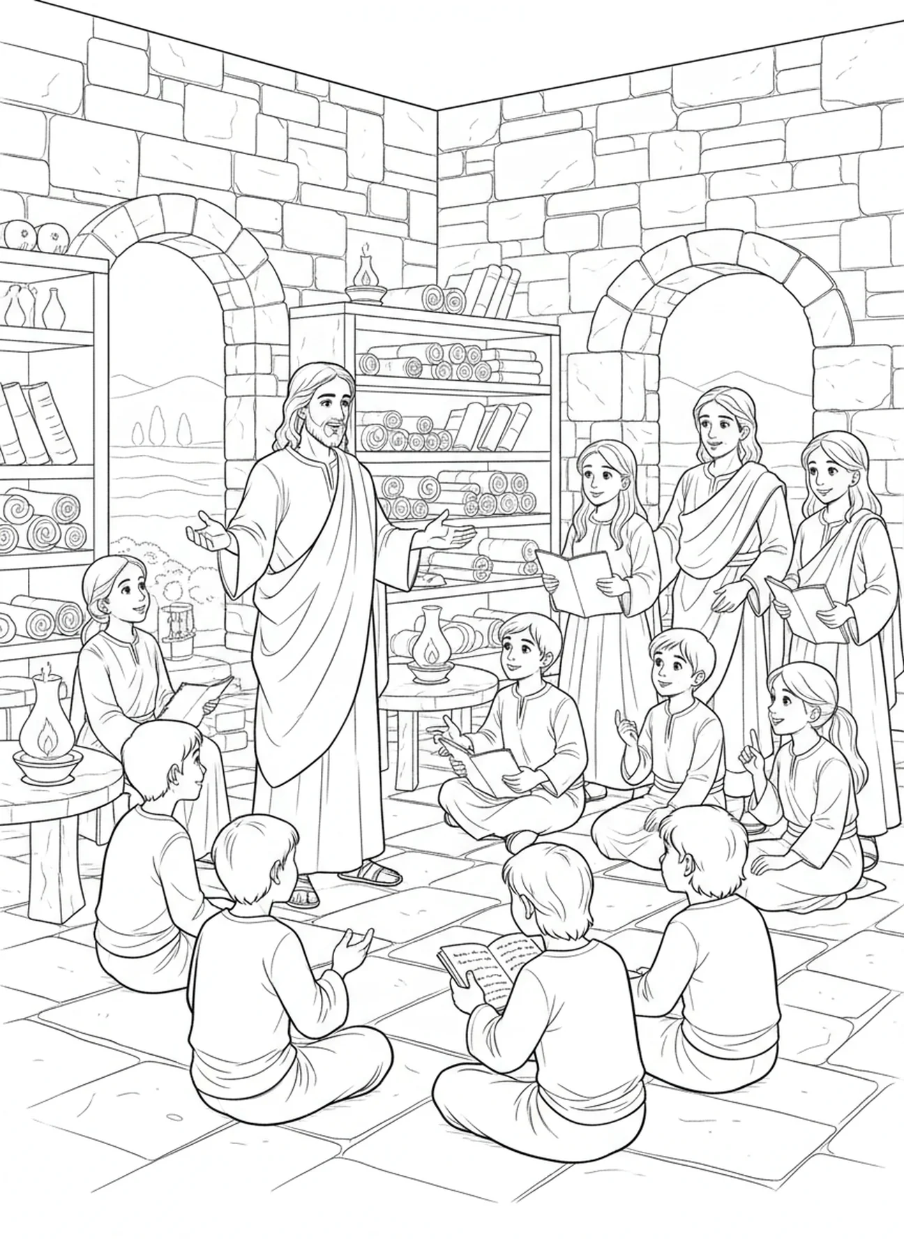 Jésus parlant à ses disciples, page à colorier Noli Me Tangere pour les enfants de l'École du dimanche âgés de 5 à 12 ans.