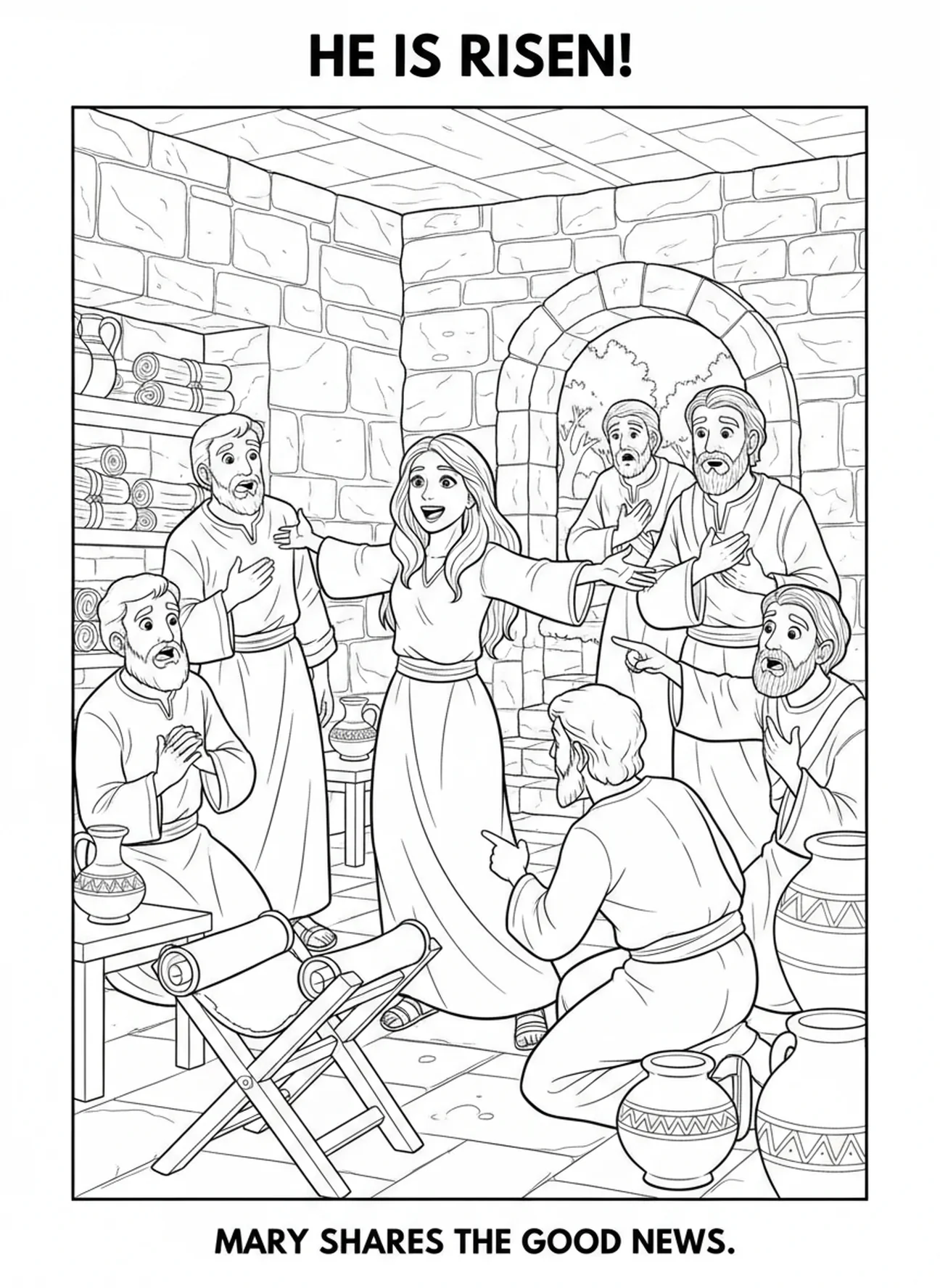 Marie Madeleine partage la nouvelle avec les disciples, page à colorier Noli Me Tangere pour les enfants de l'École du dimanche âgés de 5 à 12 ans.