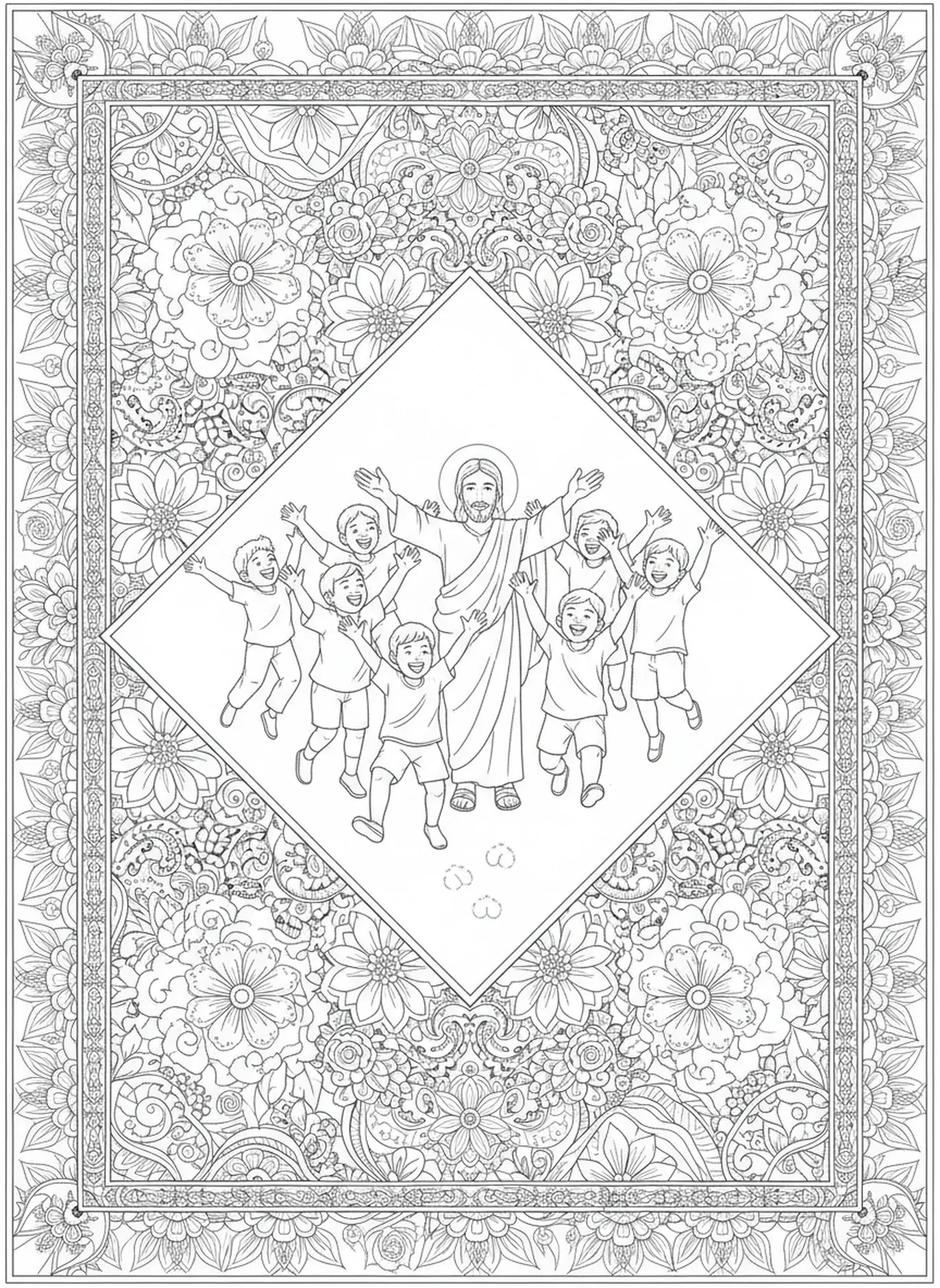 Crianças celebrando, página de colorir para Domingo de Ramos no estilo de journaling bíblico para adultos