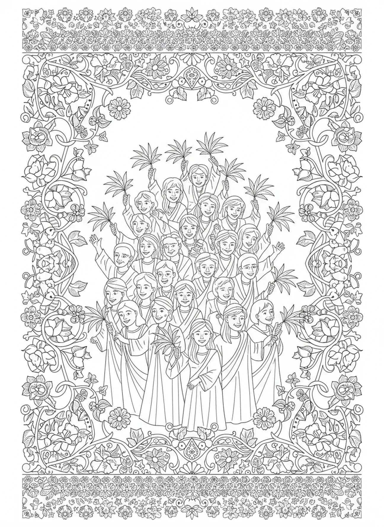 Multidão acenando ramos de palmeira, página de colorir para adultos no estilo de journaling bíblico