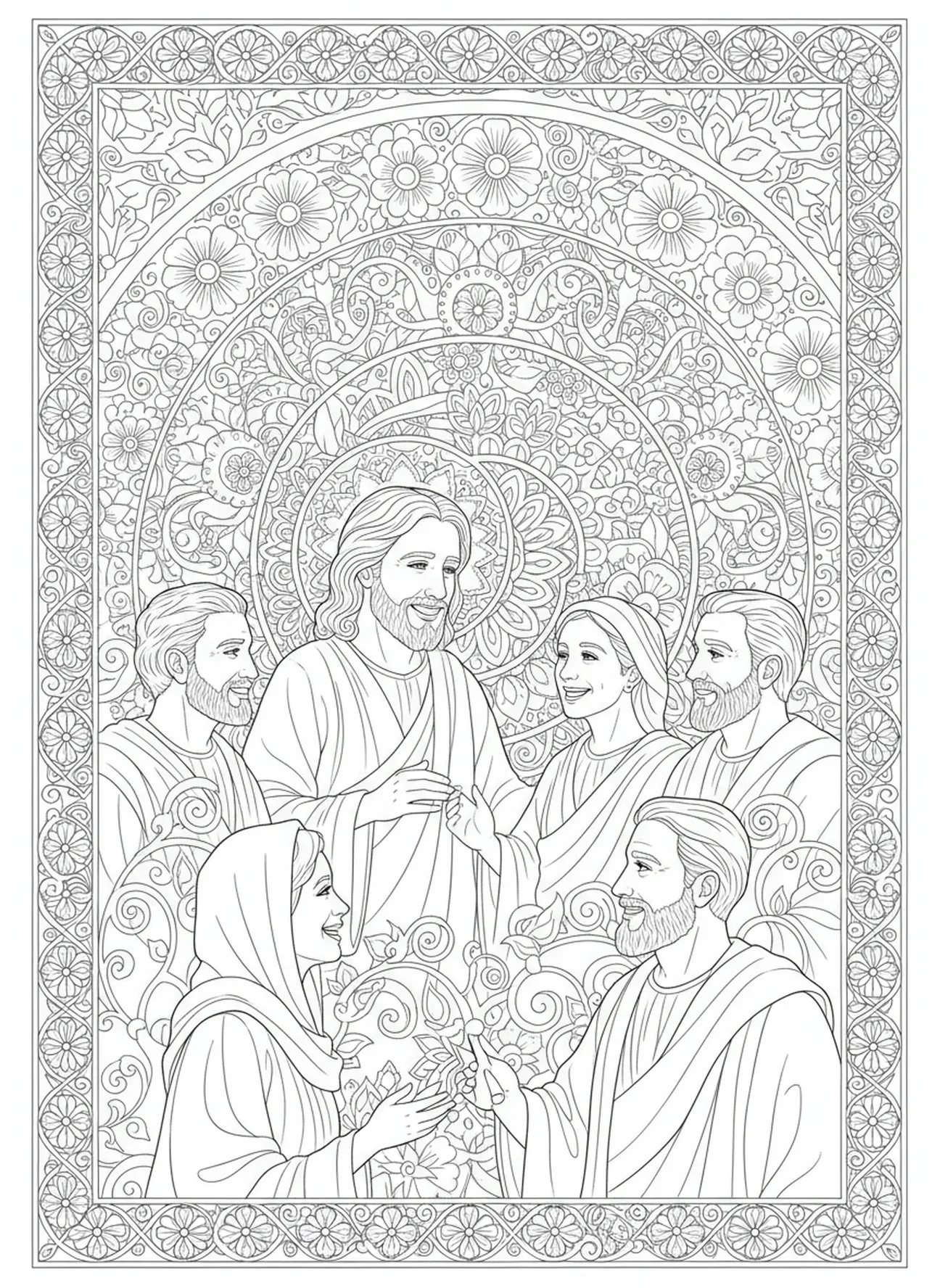 Jesus com os discípulos, página para colorir do Domingo de Ramos no estilo de diário bíblico para adultos