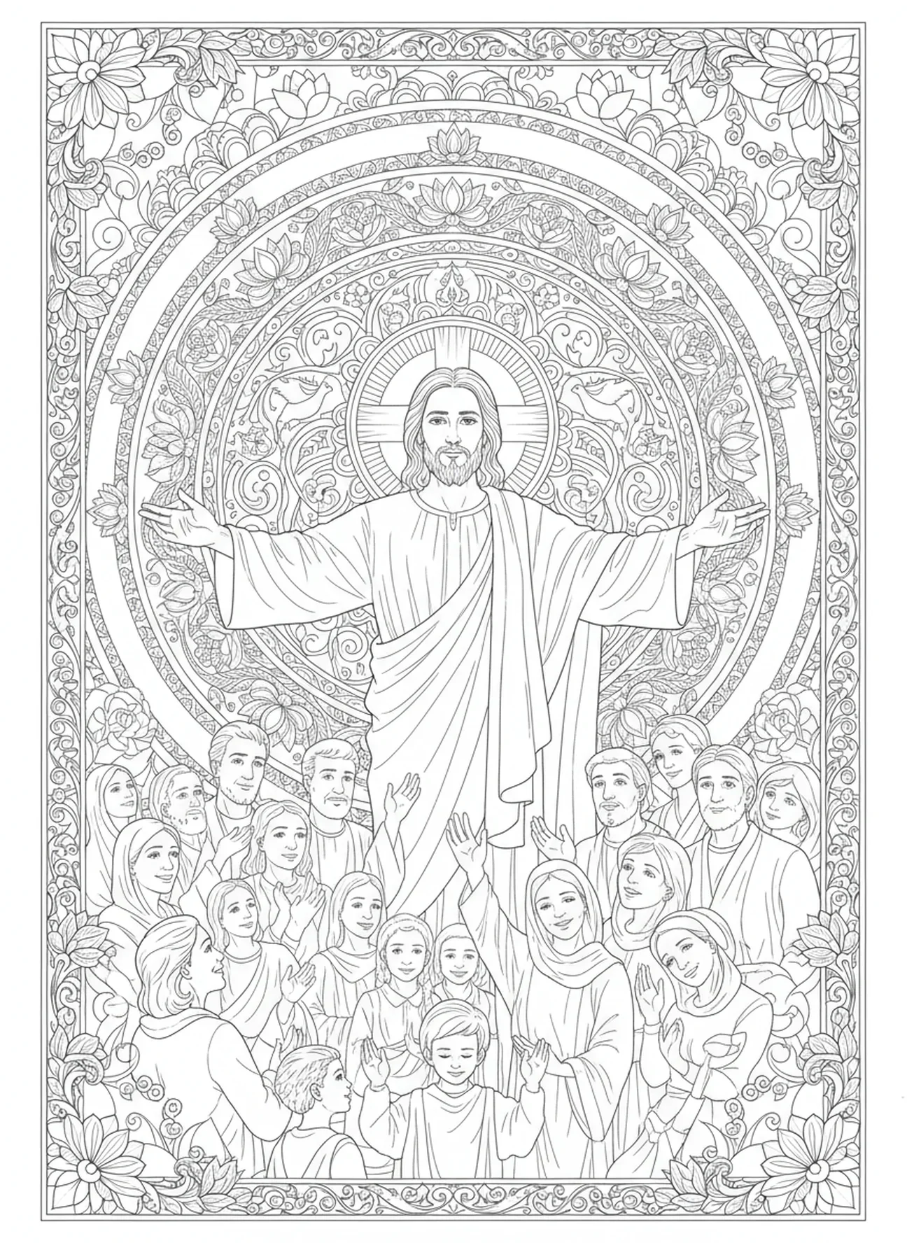 Jesus abençoando a multidão, página para colorir do Domingo de Ramos no estilo de journaling bíblico para adultos