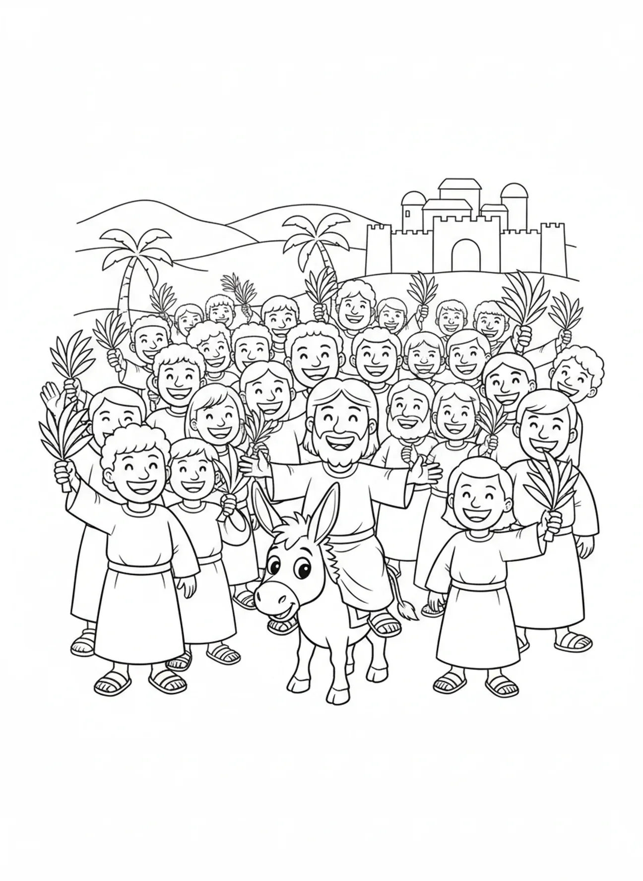 Multitud agitando ramas de palma, página para colorear del Domingo de Ramos para niños de 5 a 10 años