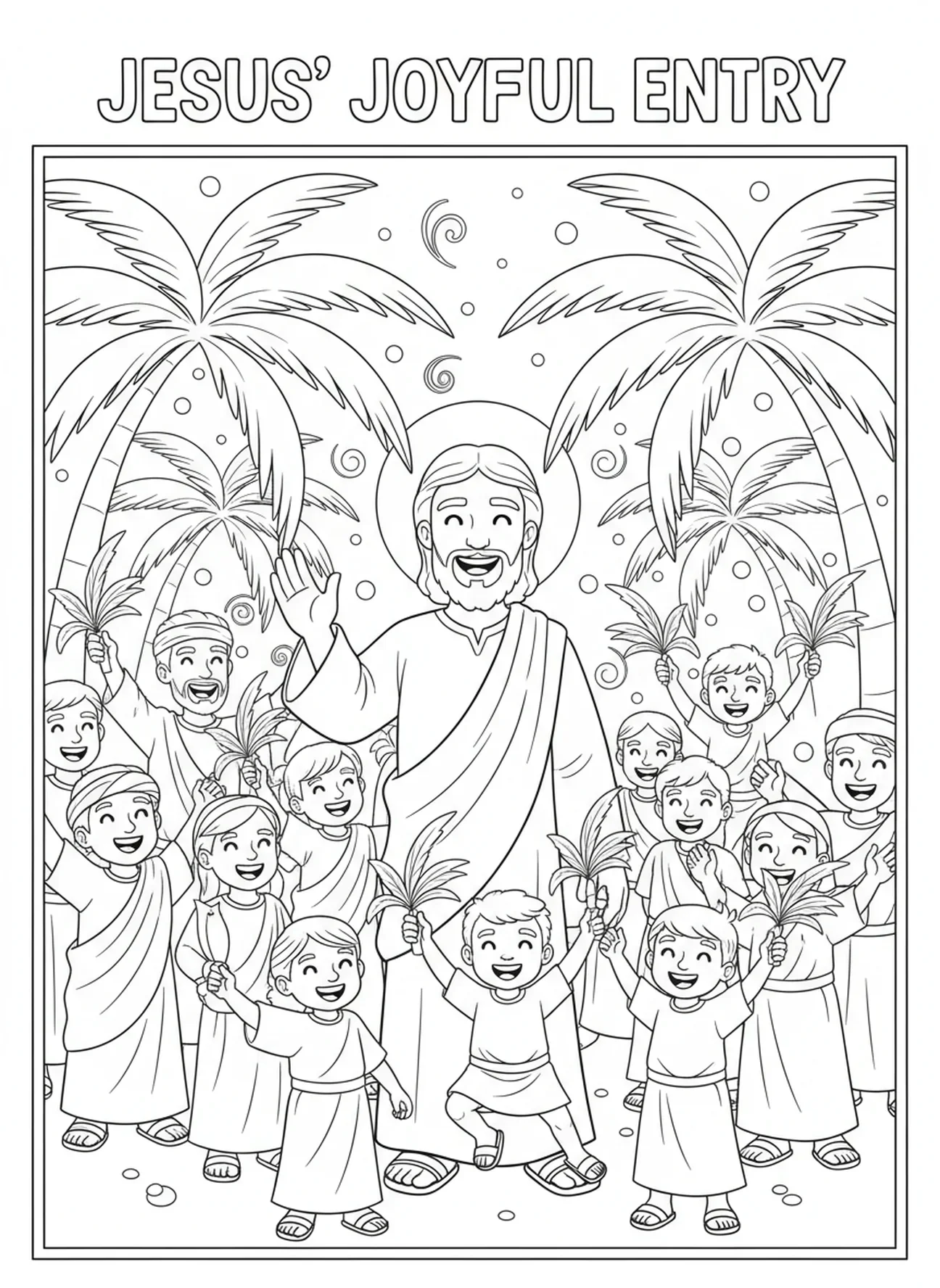 Jesús rodeado de ramas de palma, página para colorear del Domingo de Ramos para niños de 5 a 10 años