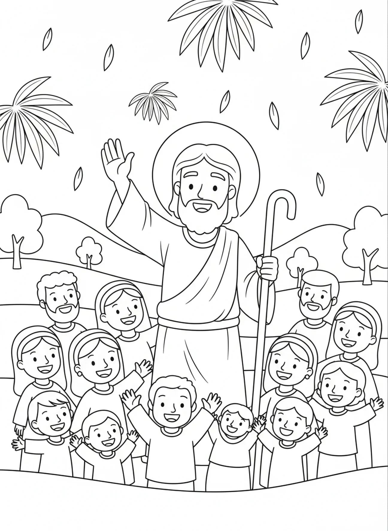 Jesús bendiciendo a la multitud, página para colorear de Domingo de Ramos para niños de 5 a 10 años