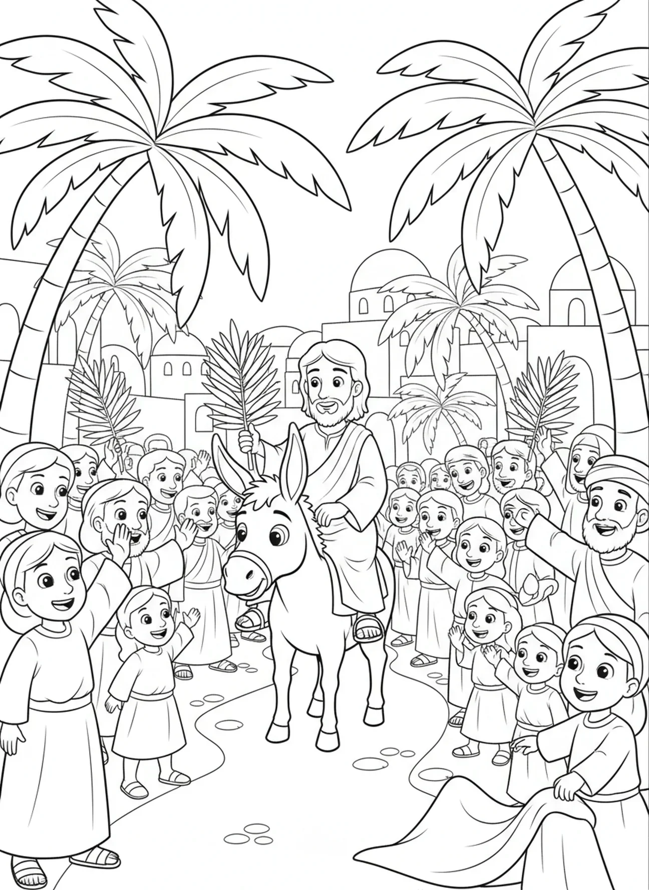 Jesús entrando a Jerusalén, página para colorear del Domingo de Ramos para niños de 5 a 10 años