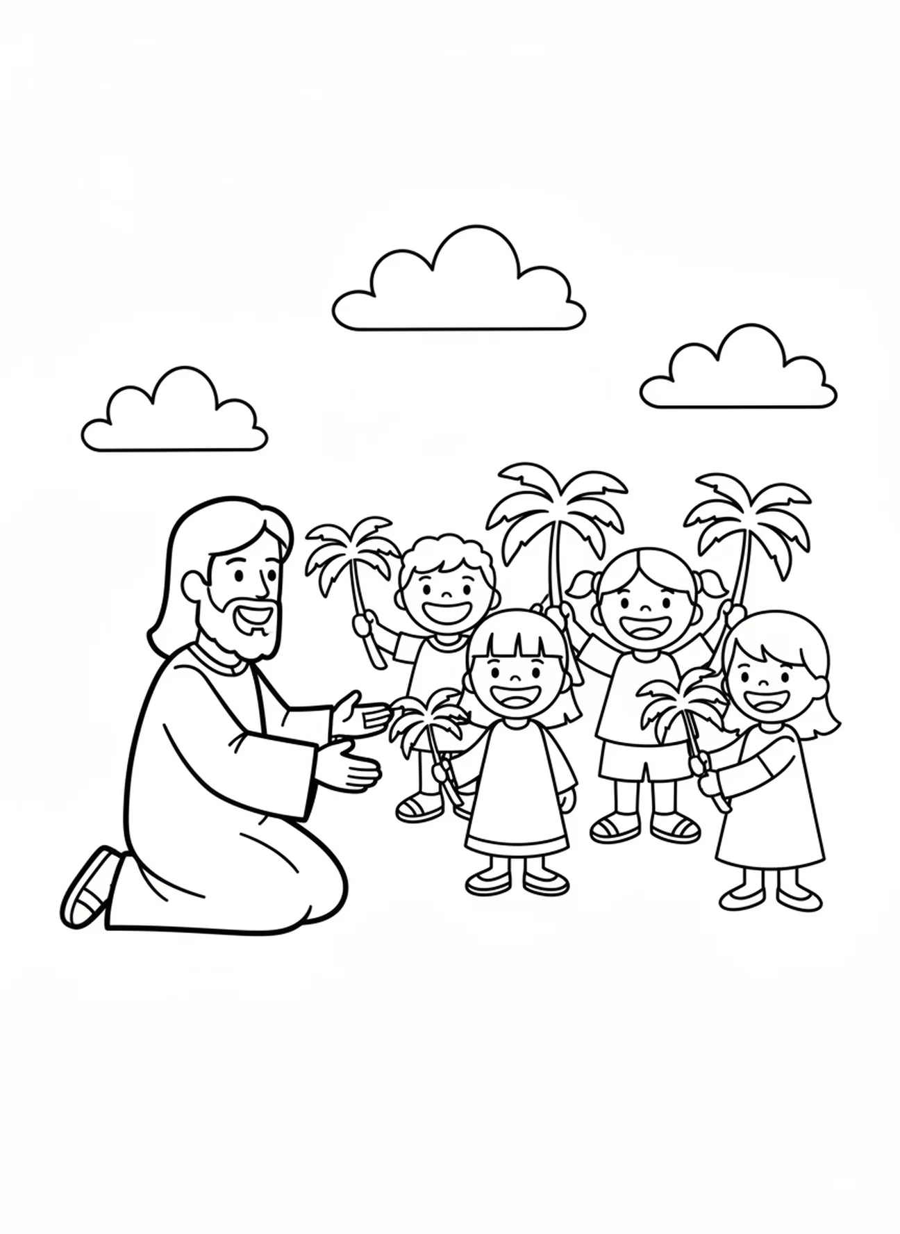 Jesus sorridente abençoando crianças, página de colorir para Domingo de Ramos para pré-escolares de 3 a 5 anos