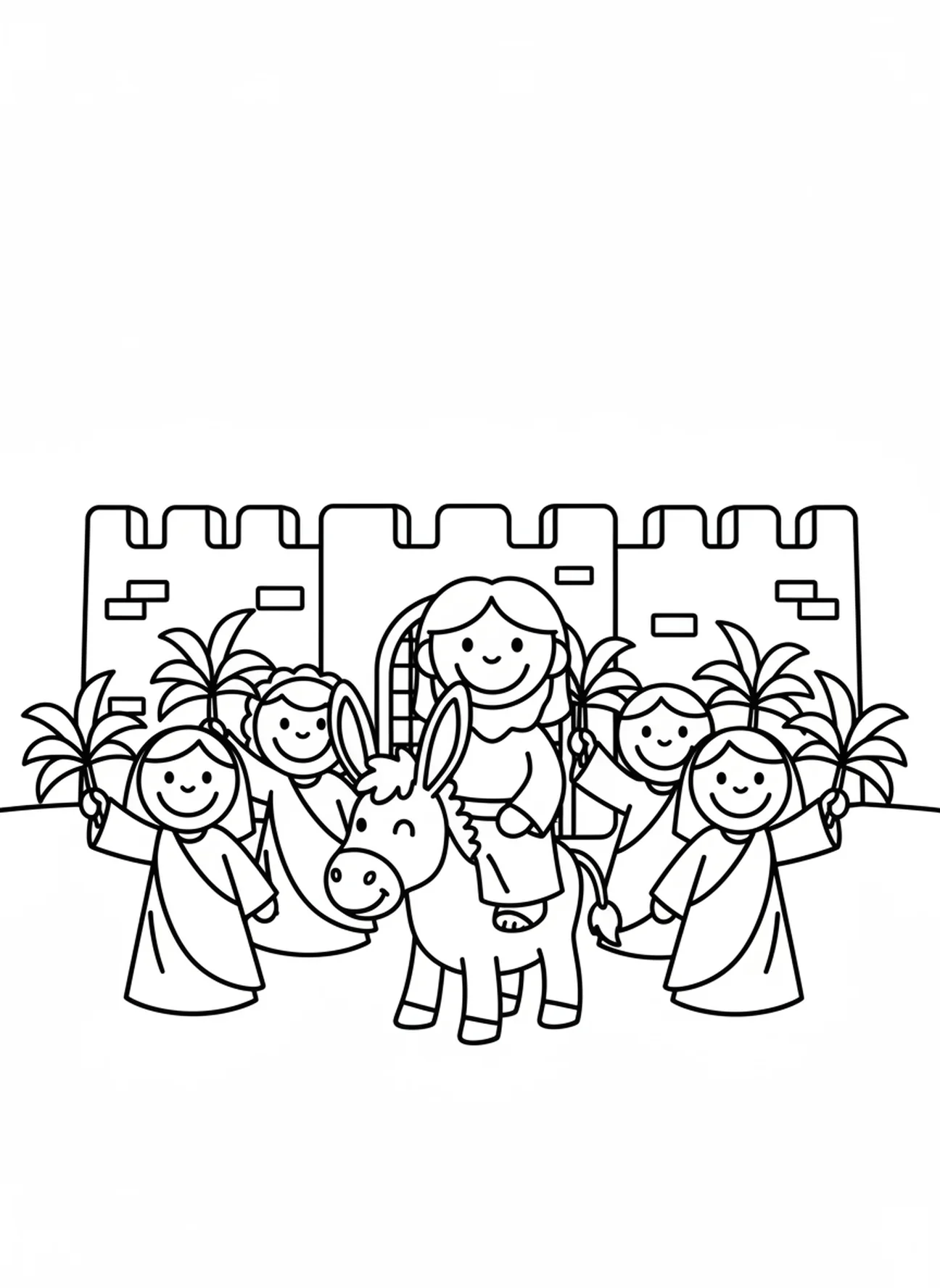 Jesus entrando em Jerusalém em um jumento, página de colorir para a Escola Dominical de crianças de 3 a 5 anos