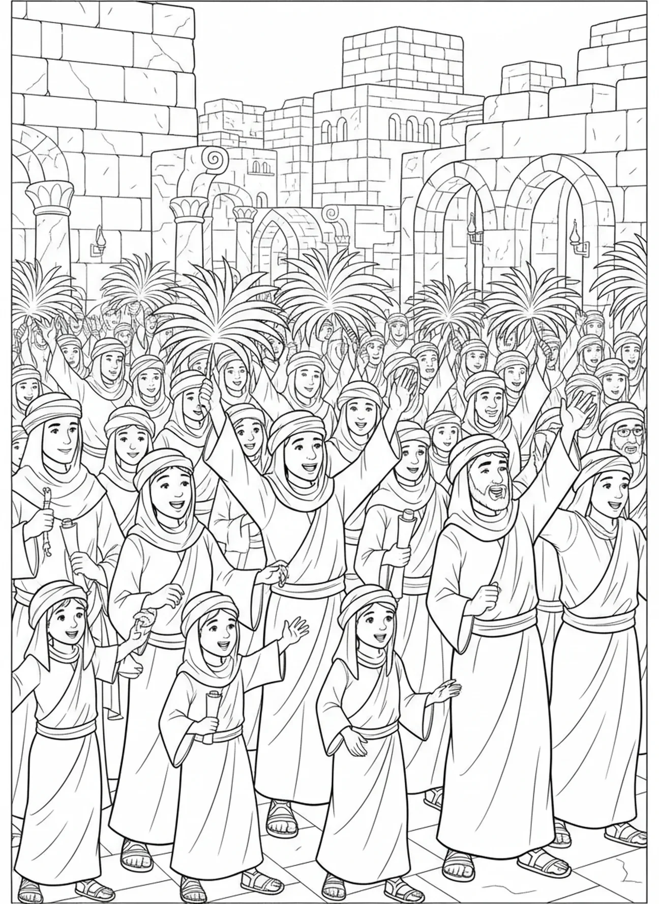 Foule agitant des rameaux, page à colorier pour l'École du dimanche, enfants de 5 à 12 ans.