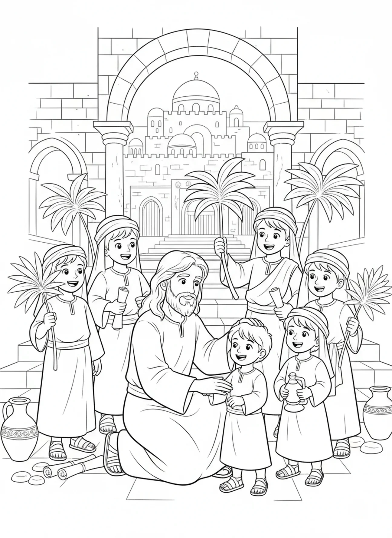 Jésus bénissant des enfants, page à colorier pour l'École du dimanche pour les enfants de 5 à 12 ans.