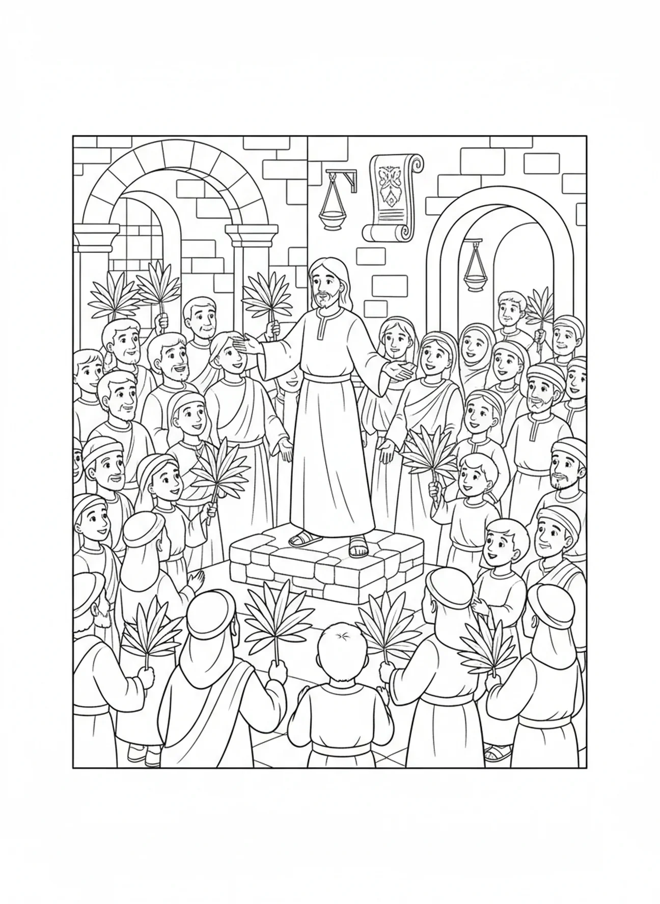 Jésus enseignant la foule, page à colorier pour l'École du dimanche destinée aux enfants de 5 à 12 ans.