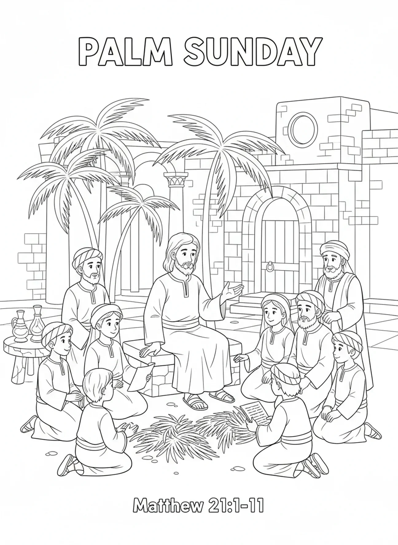 Jésus avec ses disciples, page à colorier pour l'École du dimanche destinée aux enfants de 5 à 12 ans.