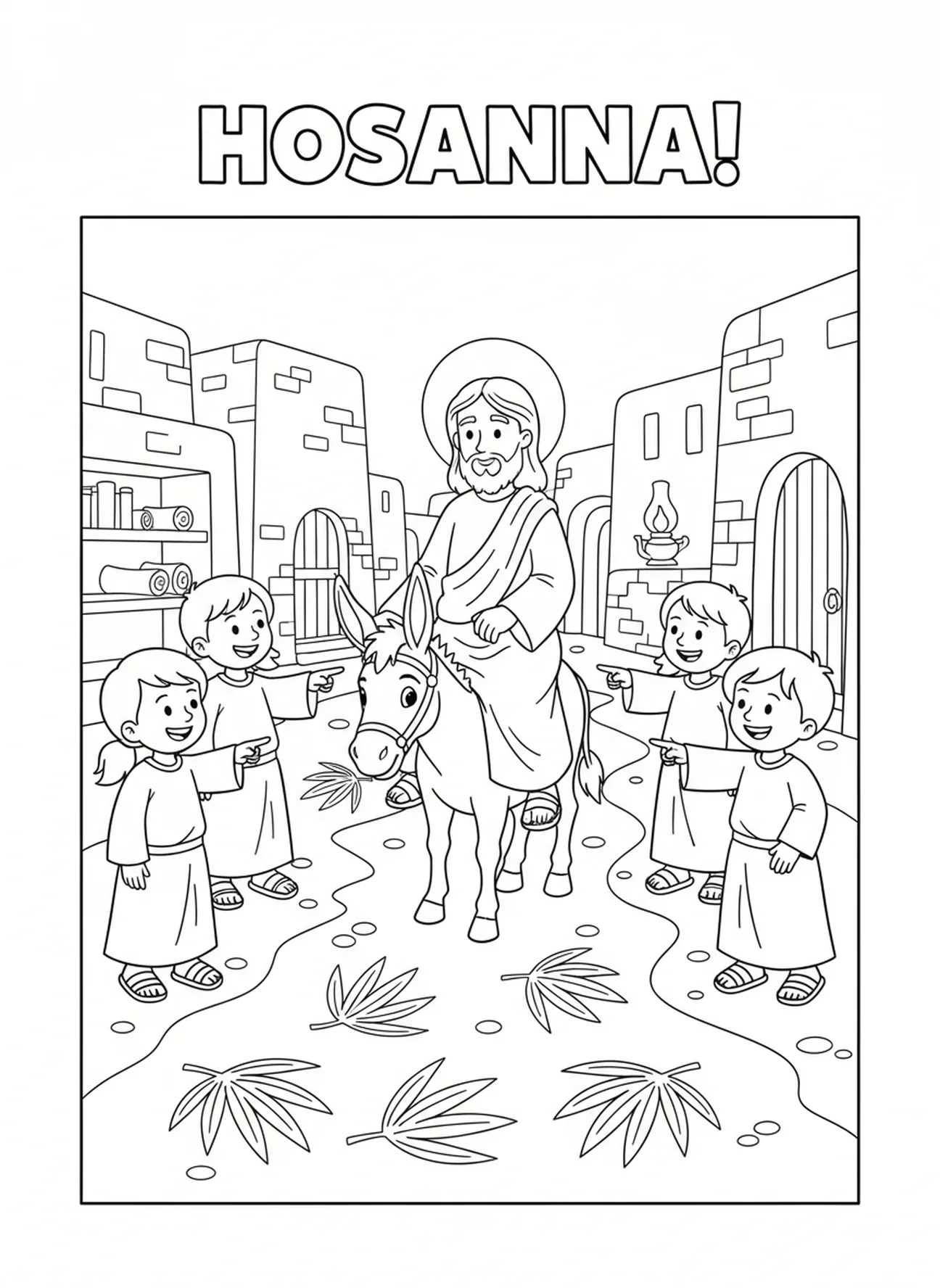 Branches de palmier au sol, page à colorier pour l'École du dimanche destinée aux enfants de 5 à 12 ans.