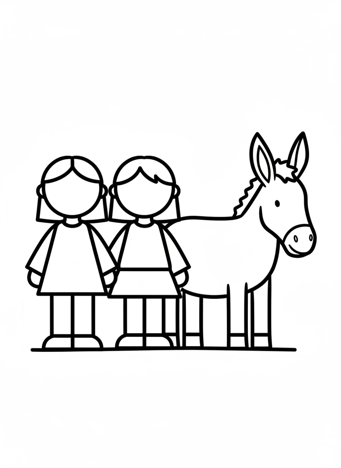 Enfants avec un âne, page à colorier pour le Dimanche des Rameaux destinée aux tout-petits de 2 à 3 ans.