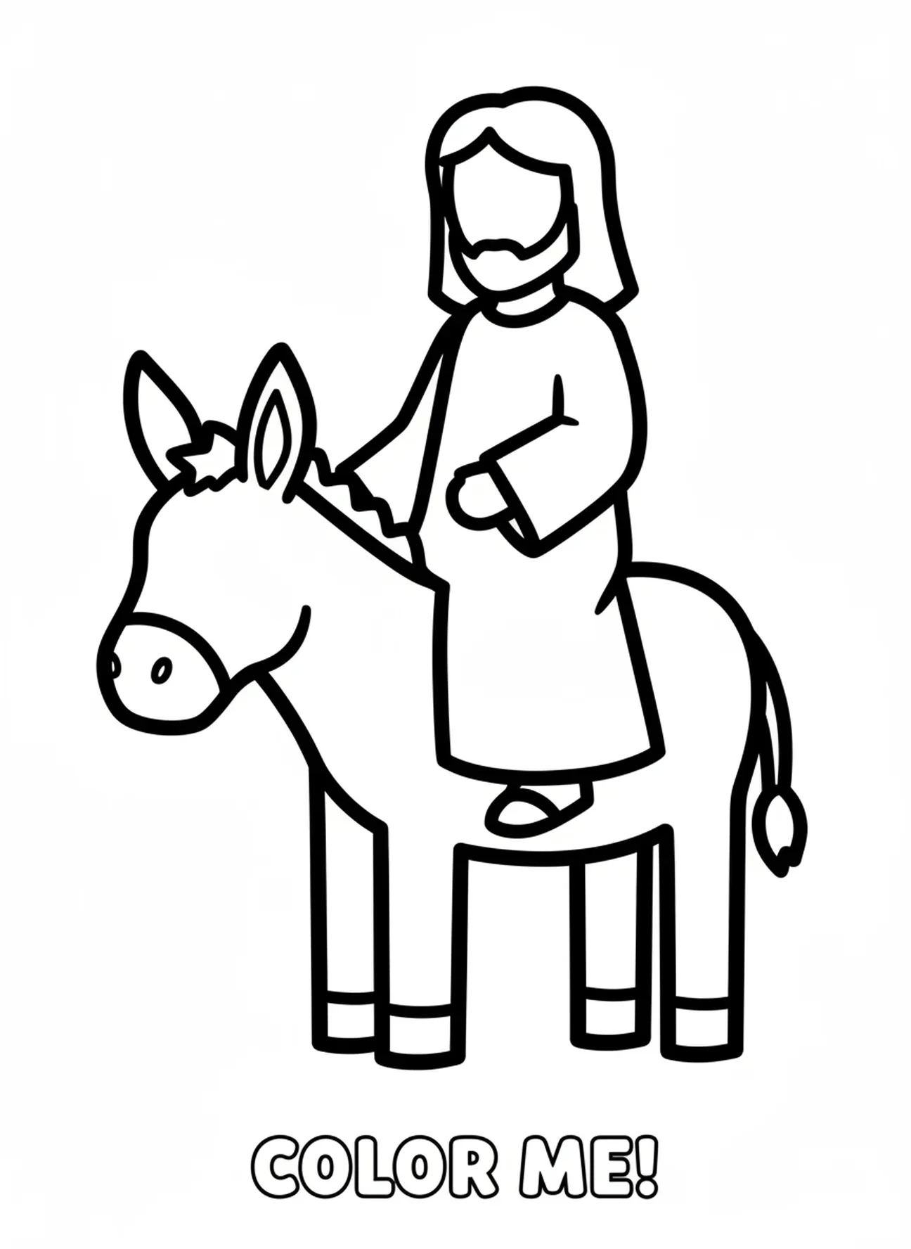 Jésus monté sur un âne, page à colorier pour le Dimanche des Rameaux destinée aux tout-petits de 2 à 3 ans.