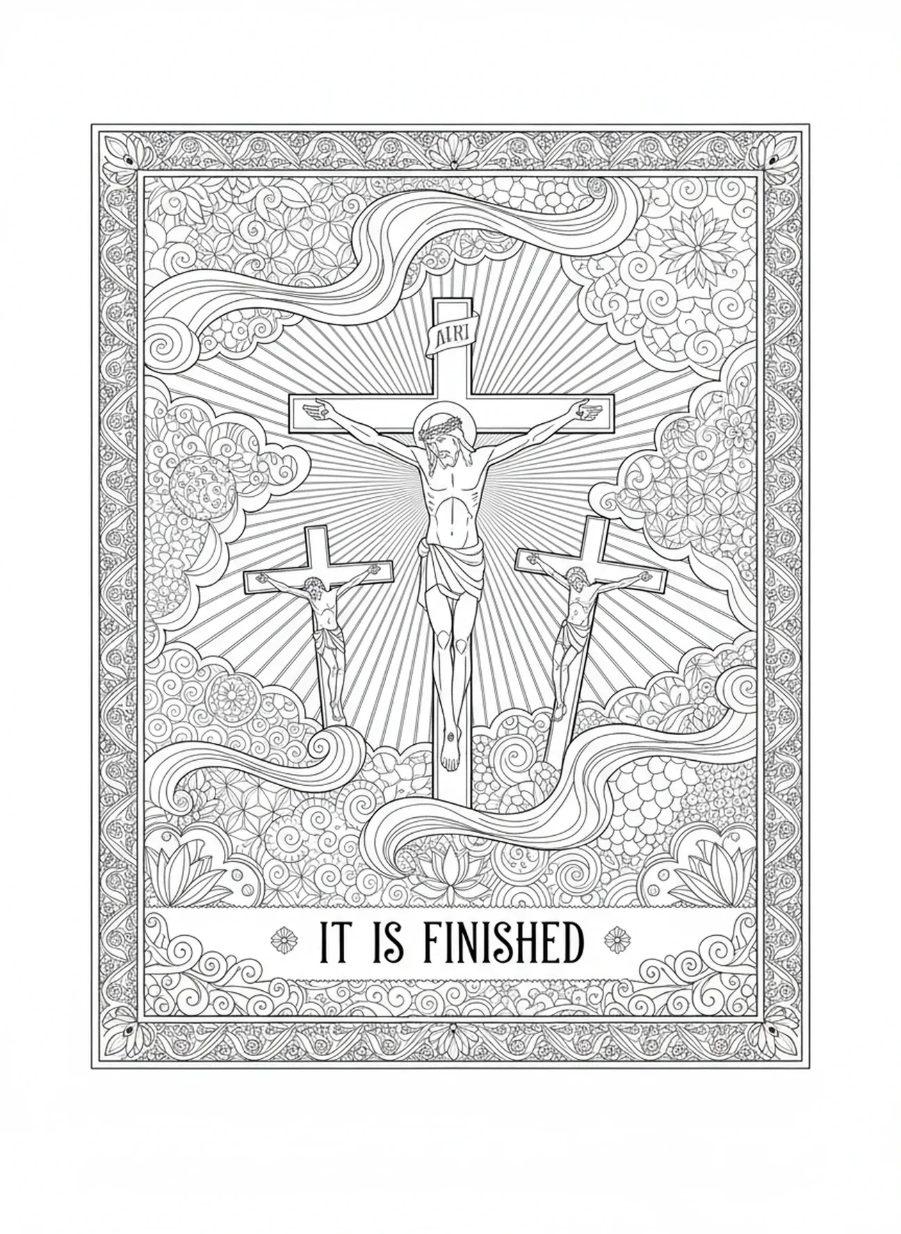 Jésus sur la croix, page à colorier de la Passion du Christ pour adultes dans un style de journal biblique