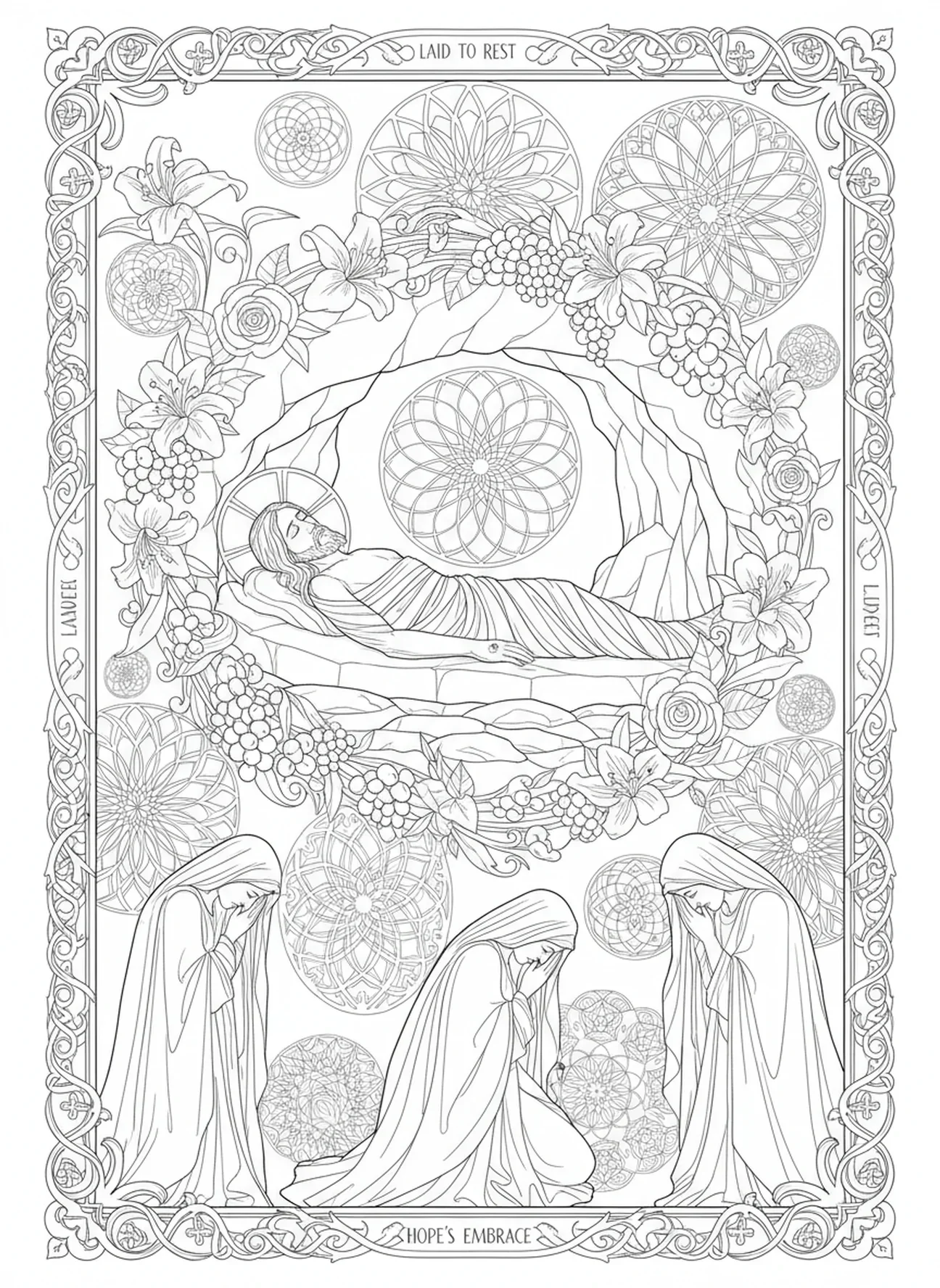 Scène de l'enterrement de Jésus, page à colorier Passion du Christ pour adultes dans un style de journal biblique
