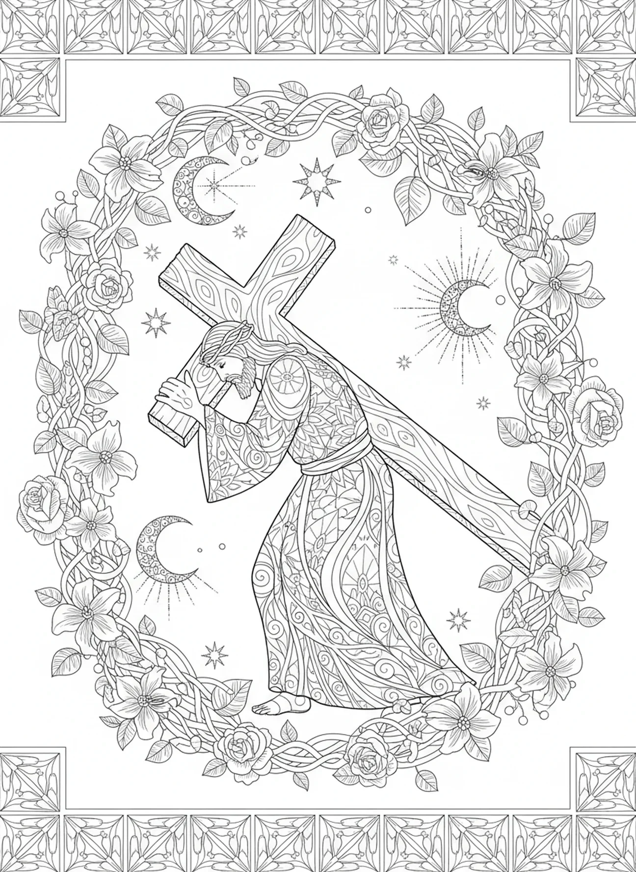Jésus portant la croix, page à colorier sur la Passion du Christ pour adultes dans un style de journal biblique