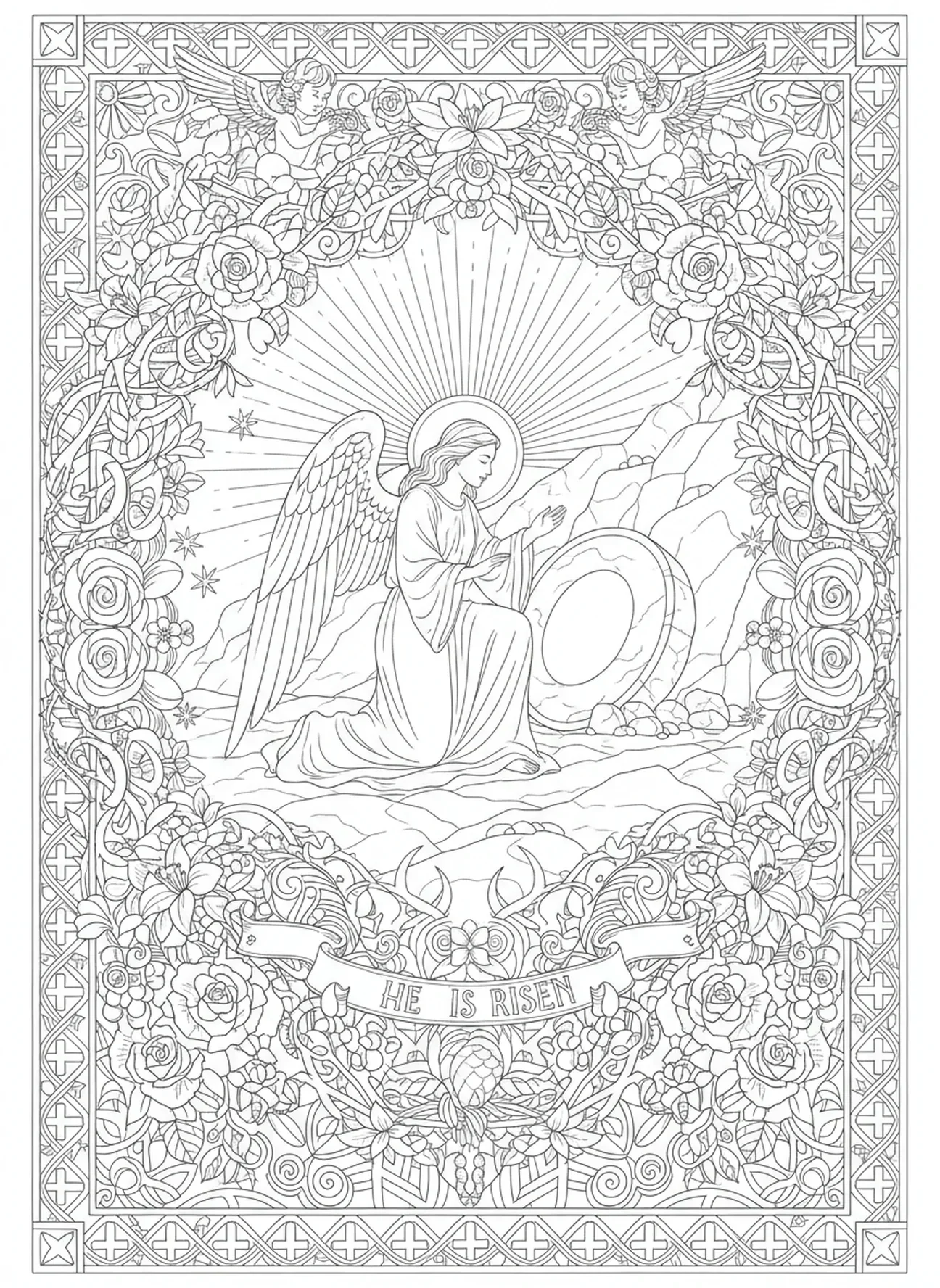 Ange annonçant la résurrection, page à colorier sur la Passion du Christ pour le style de journal biblique pour adultes