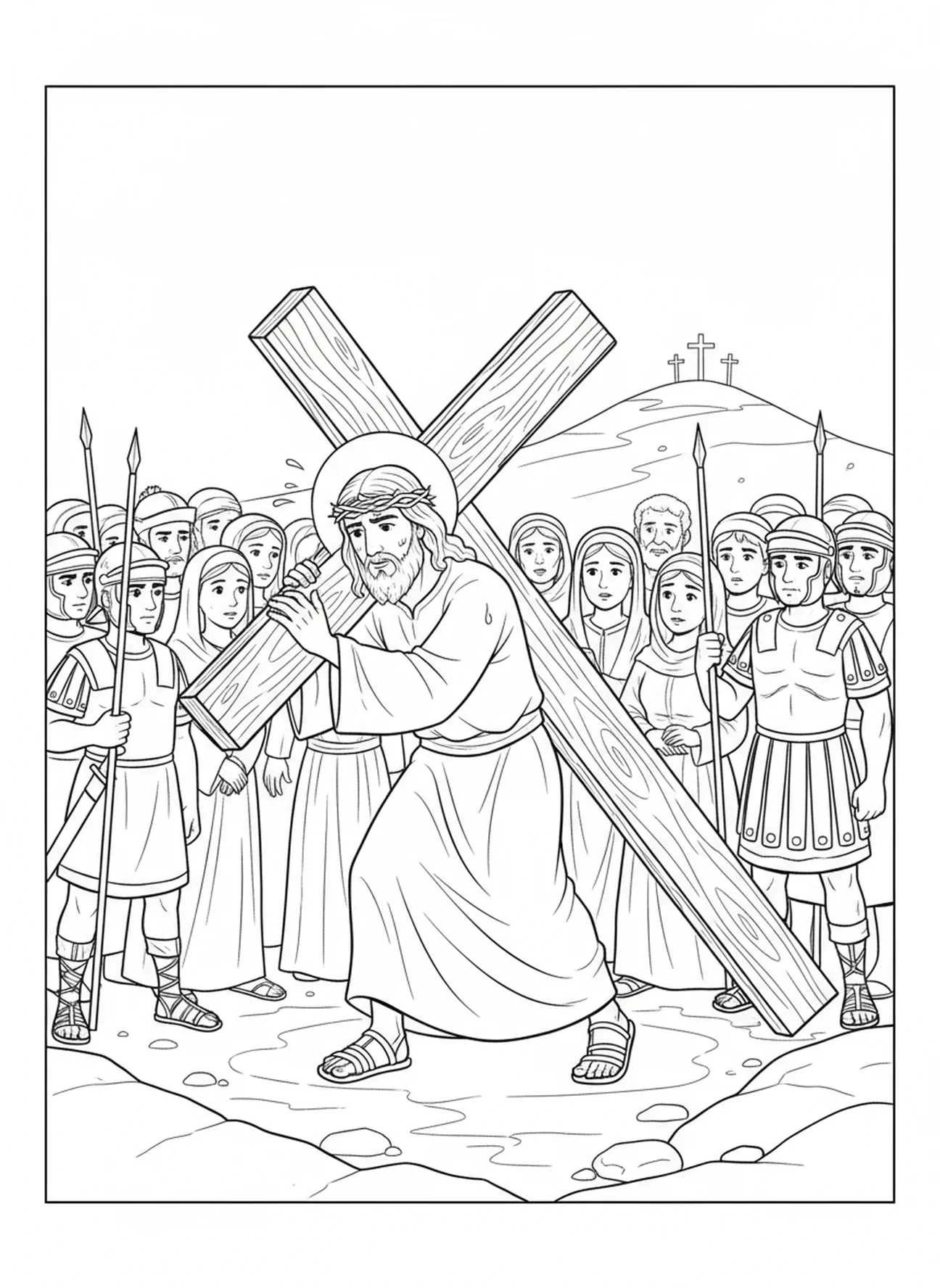Jesus trägt das Kreuz, Ausmalbild zur Passion Christi für Kinder im Alter von 5-10 Jahren