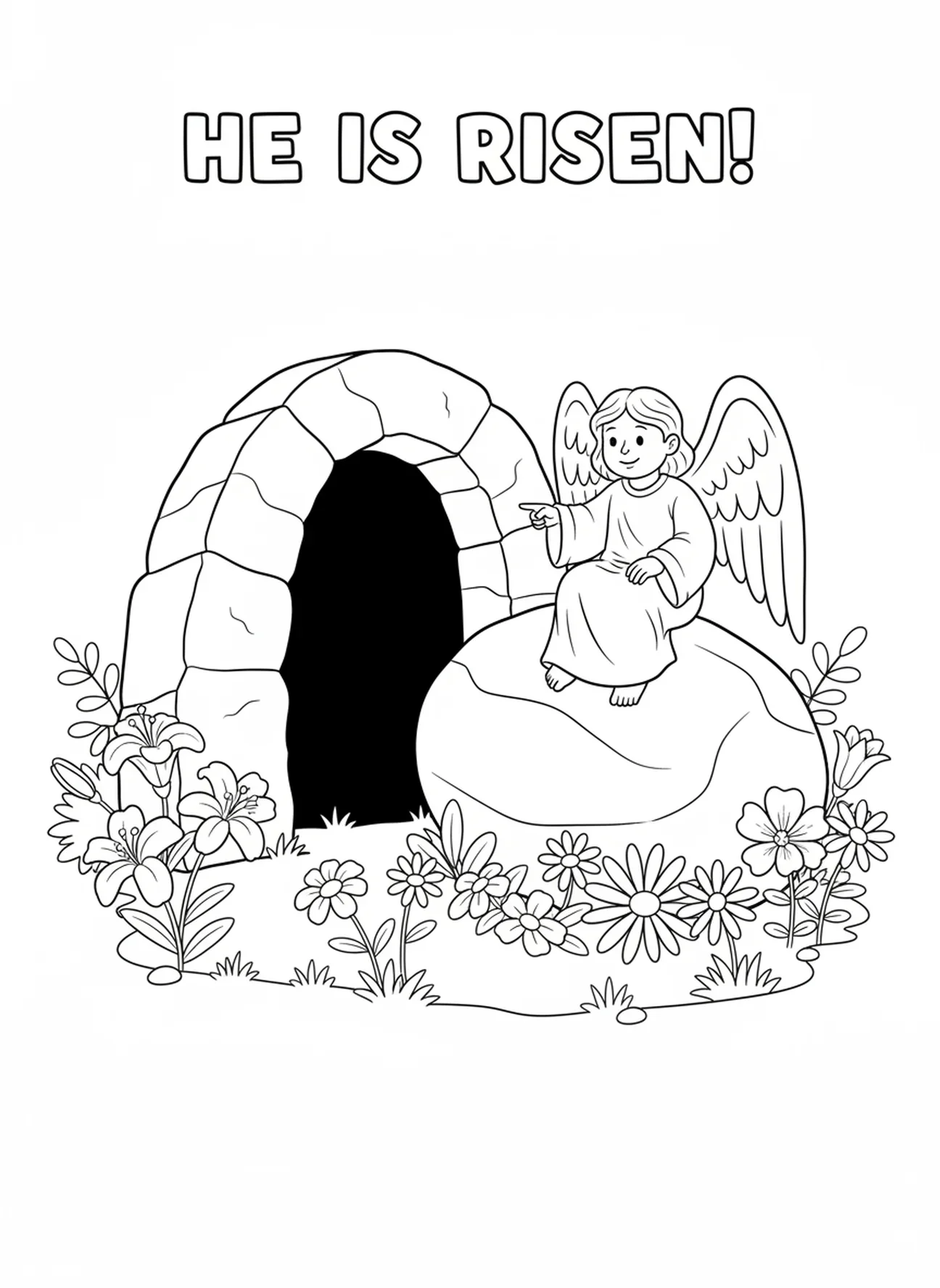 Das leere Grab mit dem weggerollten Stein, Ausmalbild zur Passion Christi für Kinder im Alter von 5-10 Jahren