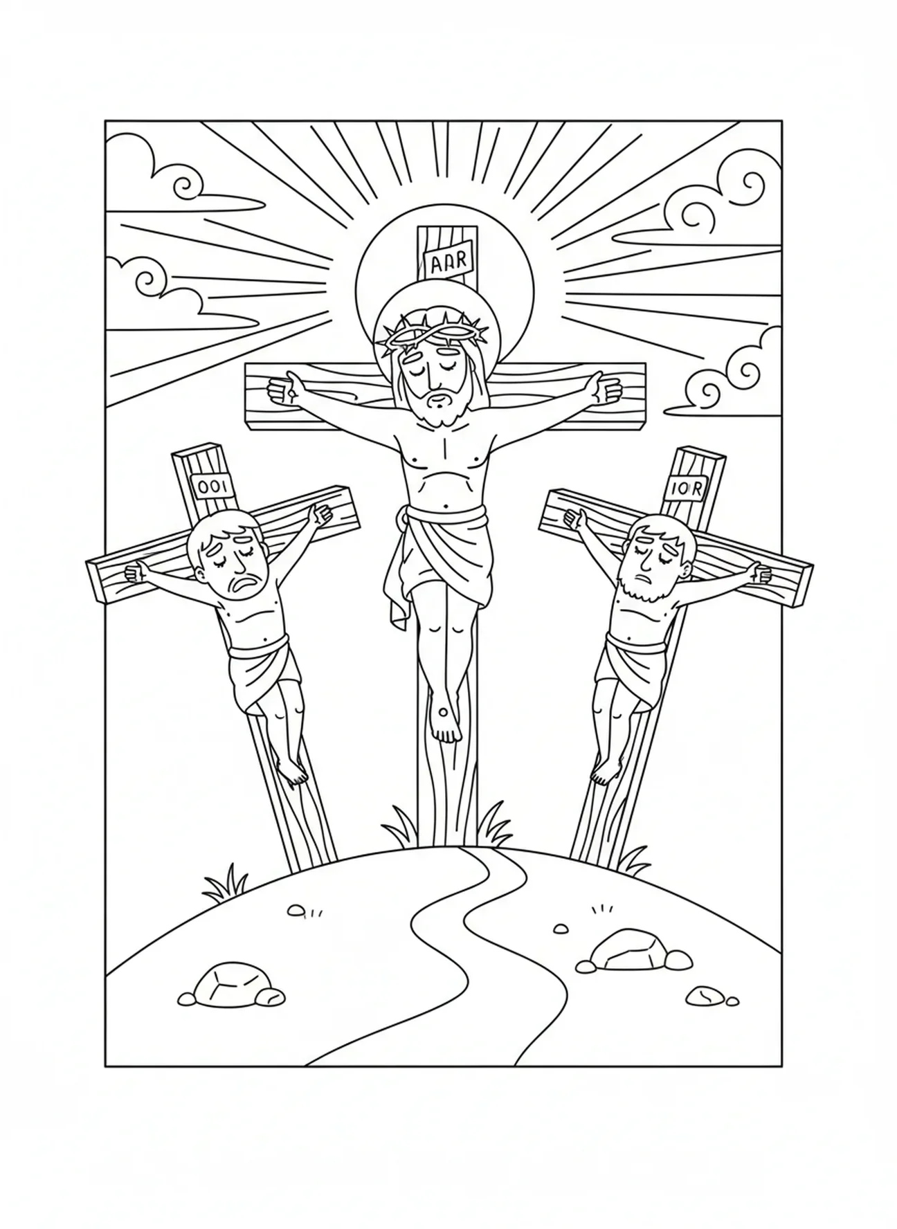 Jesus am Kreuz mit den Dieben, Ausmalbild zur Passion Christi für Kinder im Alter von 5-10 Jahren