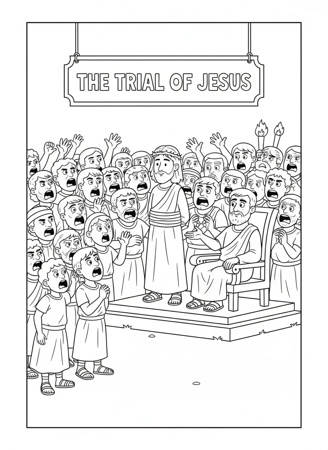 Jesus vor Pilatus, Ausmalbild zur Passion Christi für Kinder im Alter von 5-10 Jahren