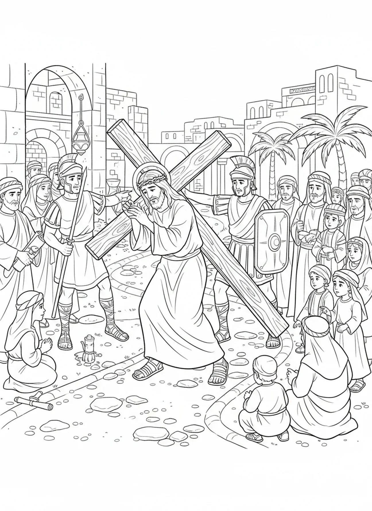 Jezus niosący drewniany krzyż, kolorowanka o Męce Chrystusa dla dzieci w katechezie w wieku 5-12 lat