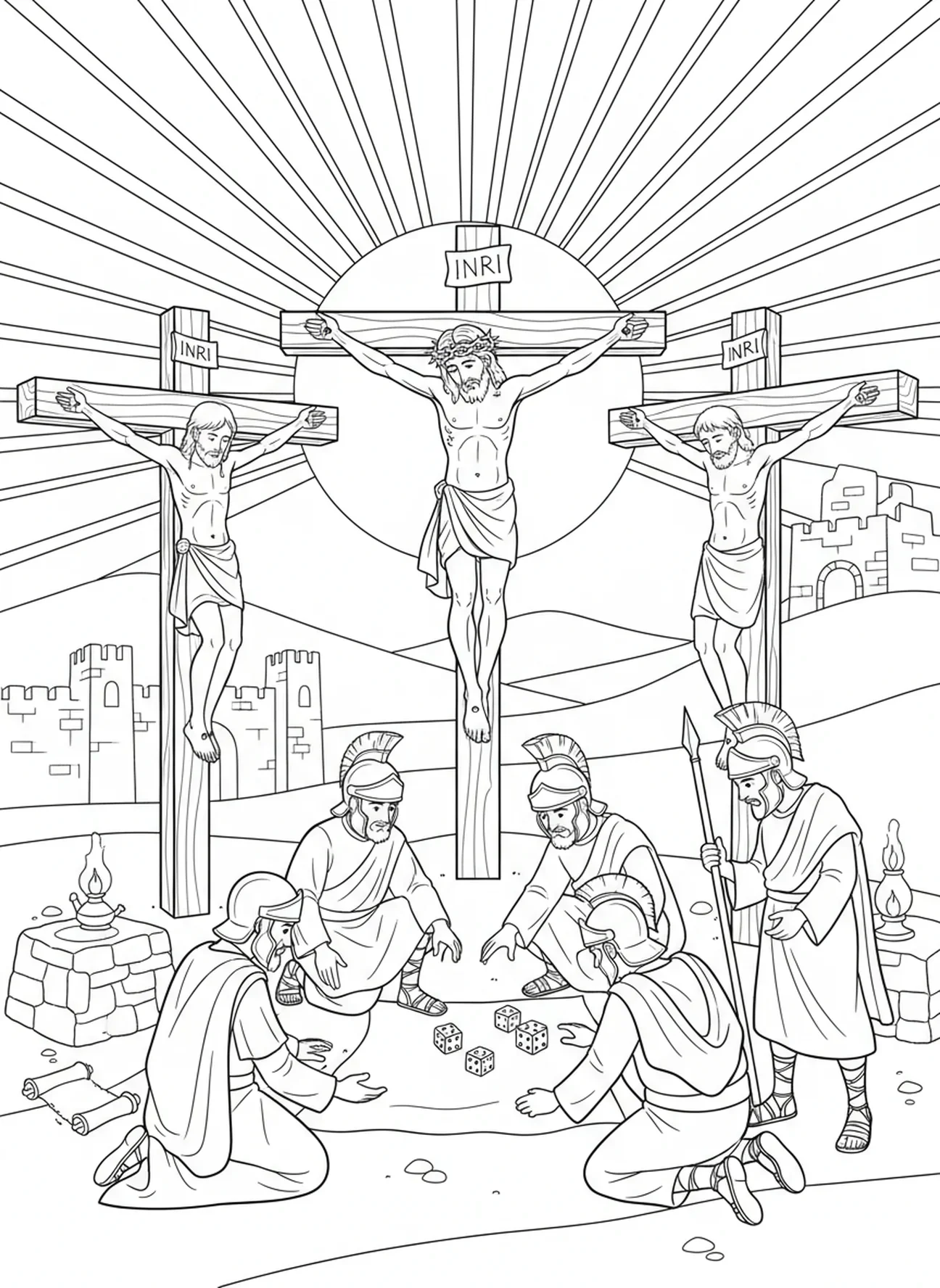 Jezus na krzyżu z łotrami, kolorowanka o Męce Pańskiej dla dzieci w wieku 5-12 lat na katechezę