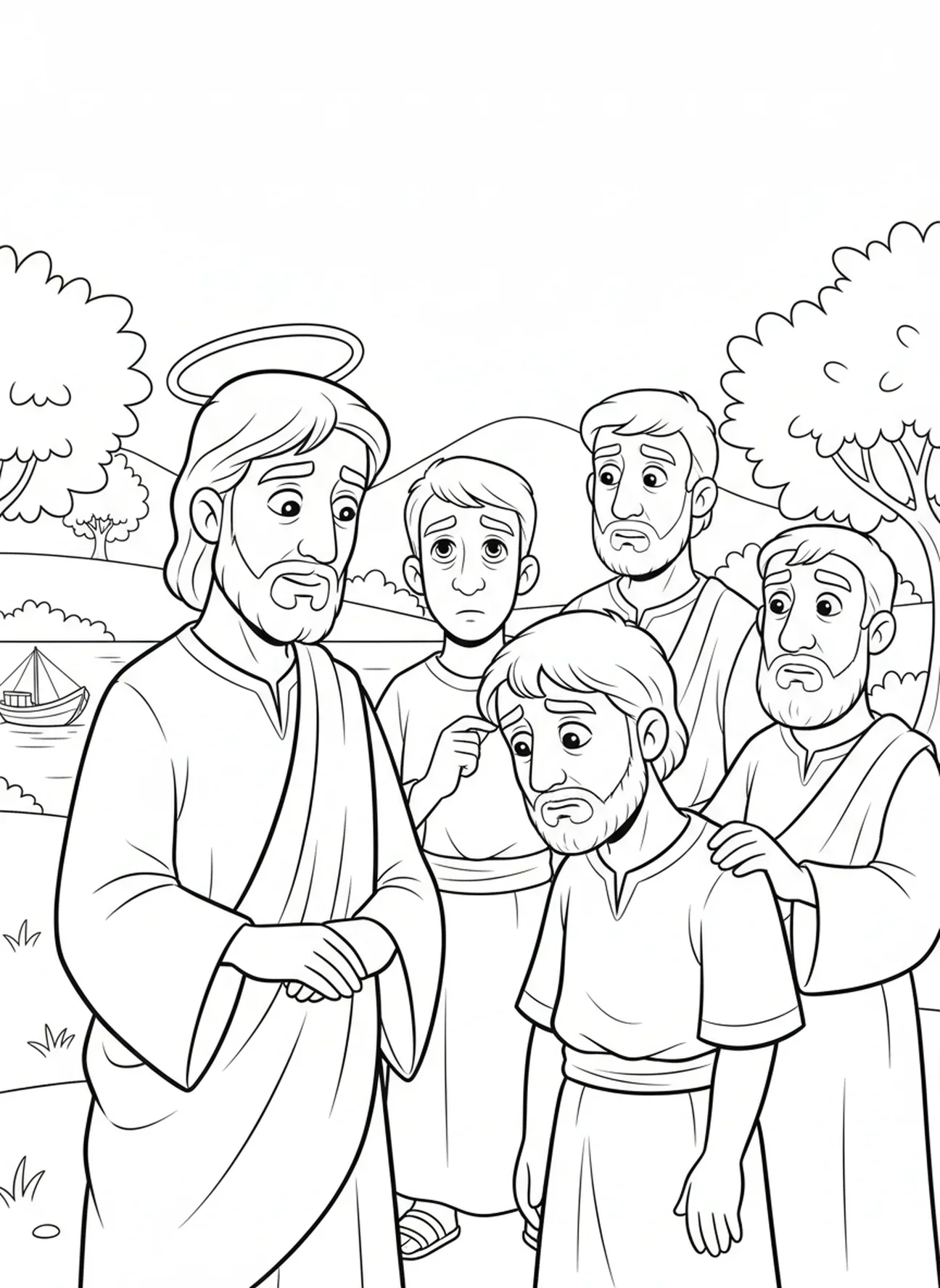 Jesus schaut auf Petrus, Petrus verleugnet Ausmalbild für Kinder im Alter von 5-10 Jahren
