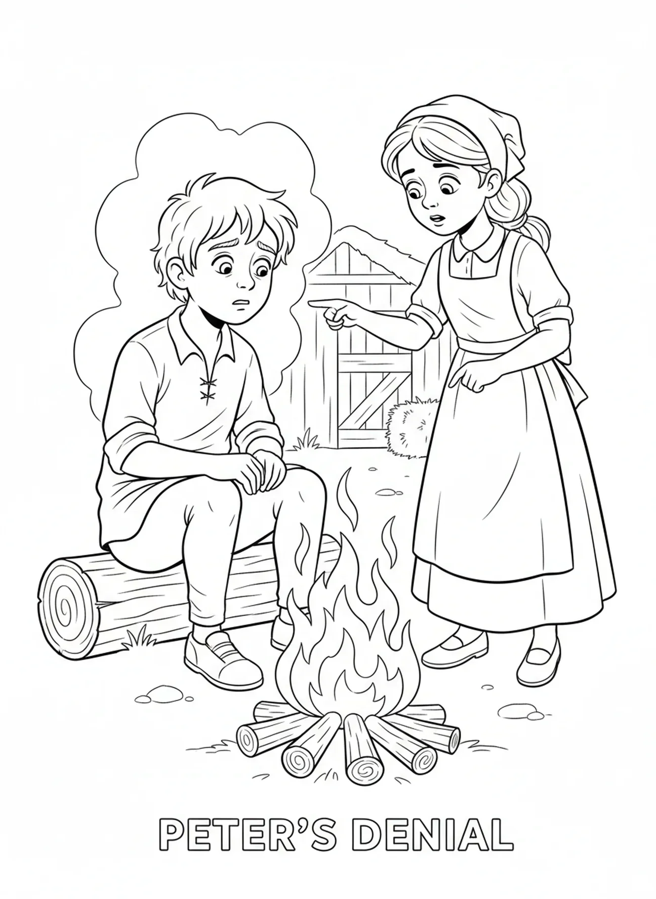 Peter sitzt am Feuer, Peter verleugnet Ausmalbild für Kinder im Alter von 5-10 Jahren