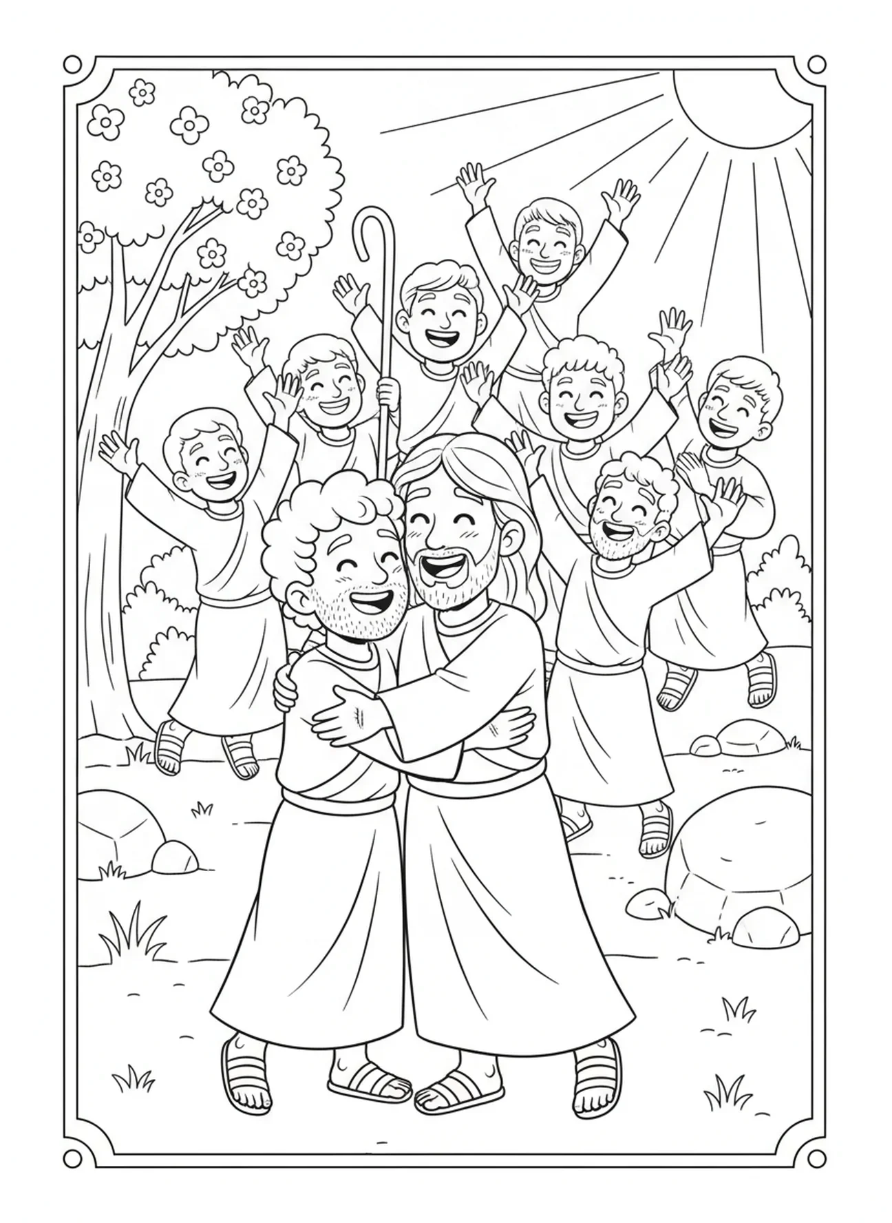 Peter umarmt Jesus, Peter verleugnet Ausmalbild für Kinder im Alter von 5-10 Jahren