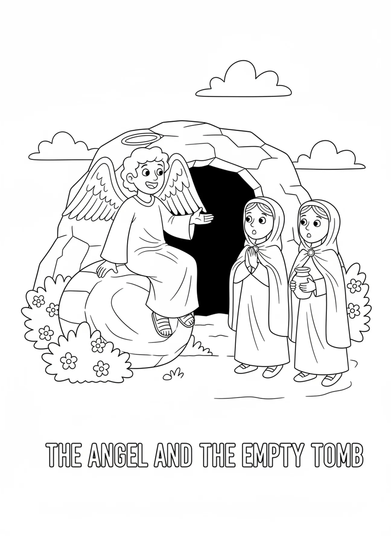 Ange sur la pierre, page à colorier Pierre Roulee pour enfants de 5 à 10 ans