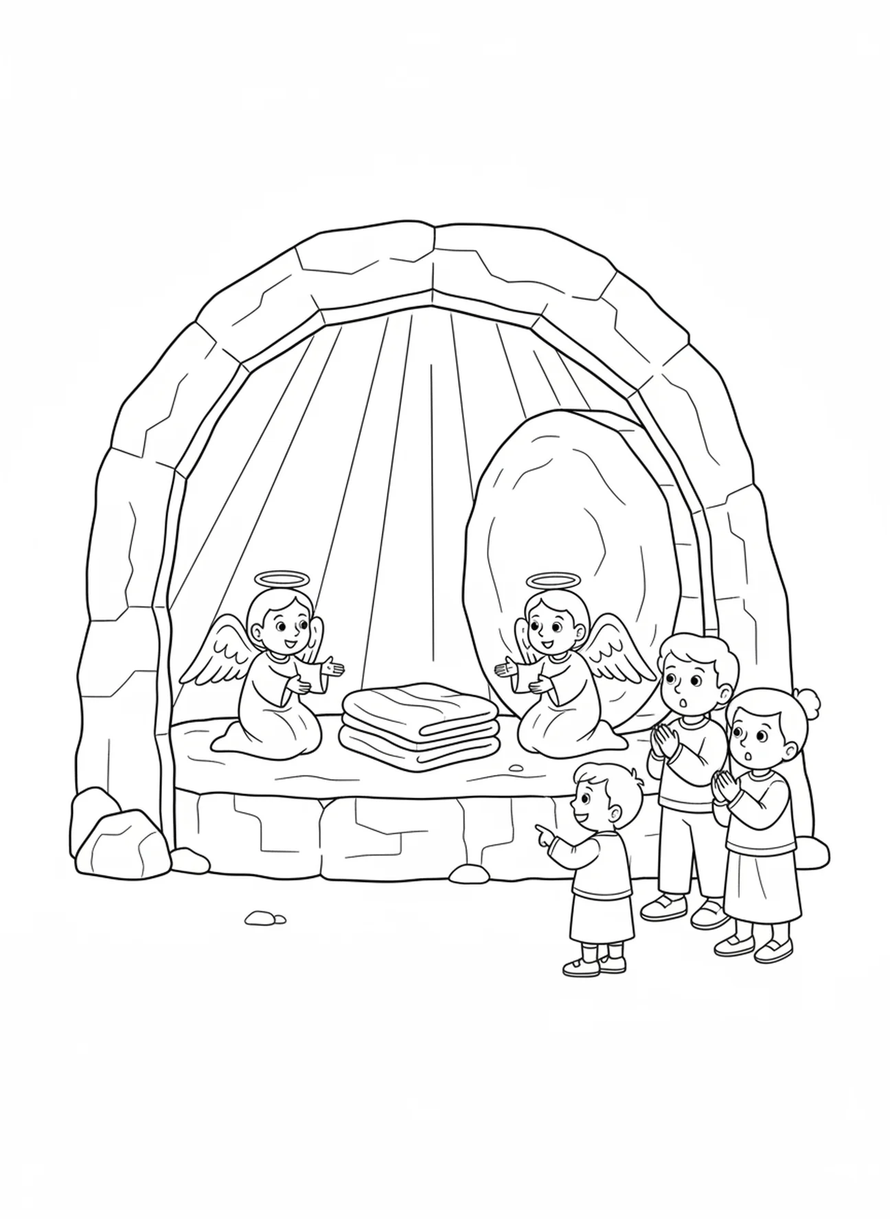 Page à colorier de l'intérieur du tombeau vide, Pierre roulée pour les enfants de 5 à 10 ans