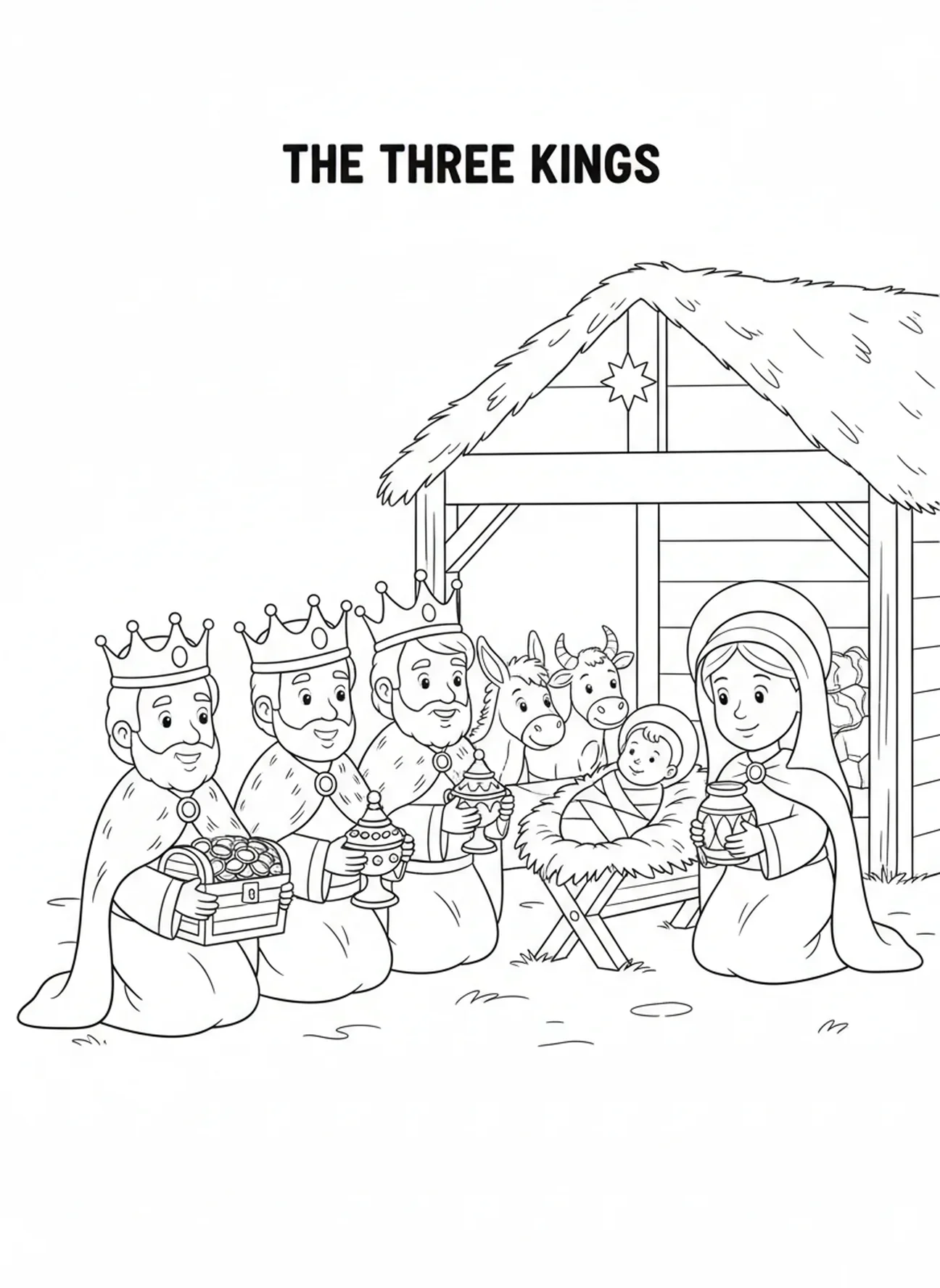 Drei Könige bringen Geschenke, Ausmalbild zu Epiphanias für Kinder im Alter von 5-10 Jahren.